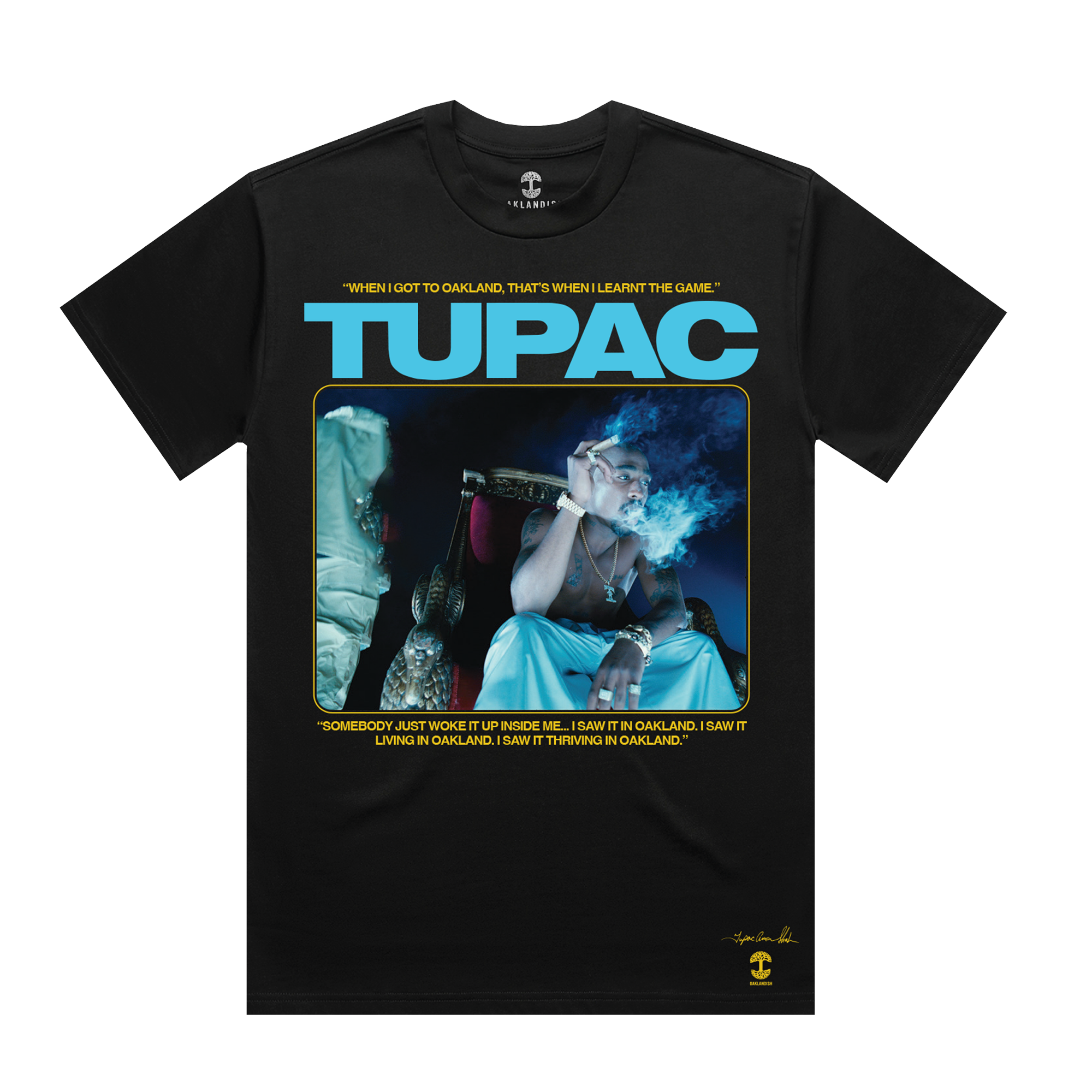 The Throne Tee by Oaklandish is a black T-shirt showcasing a large blue "TUPAC" text above a striking photo of a person sitting and exhaling smoke, capturing the essence of hip-hop culture. It features the quote: "When I got to Oakland, that's when I learnt the game." Beneath it, the shirt reads: "Somebody just woke up…" with some additional text partially visible.