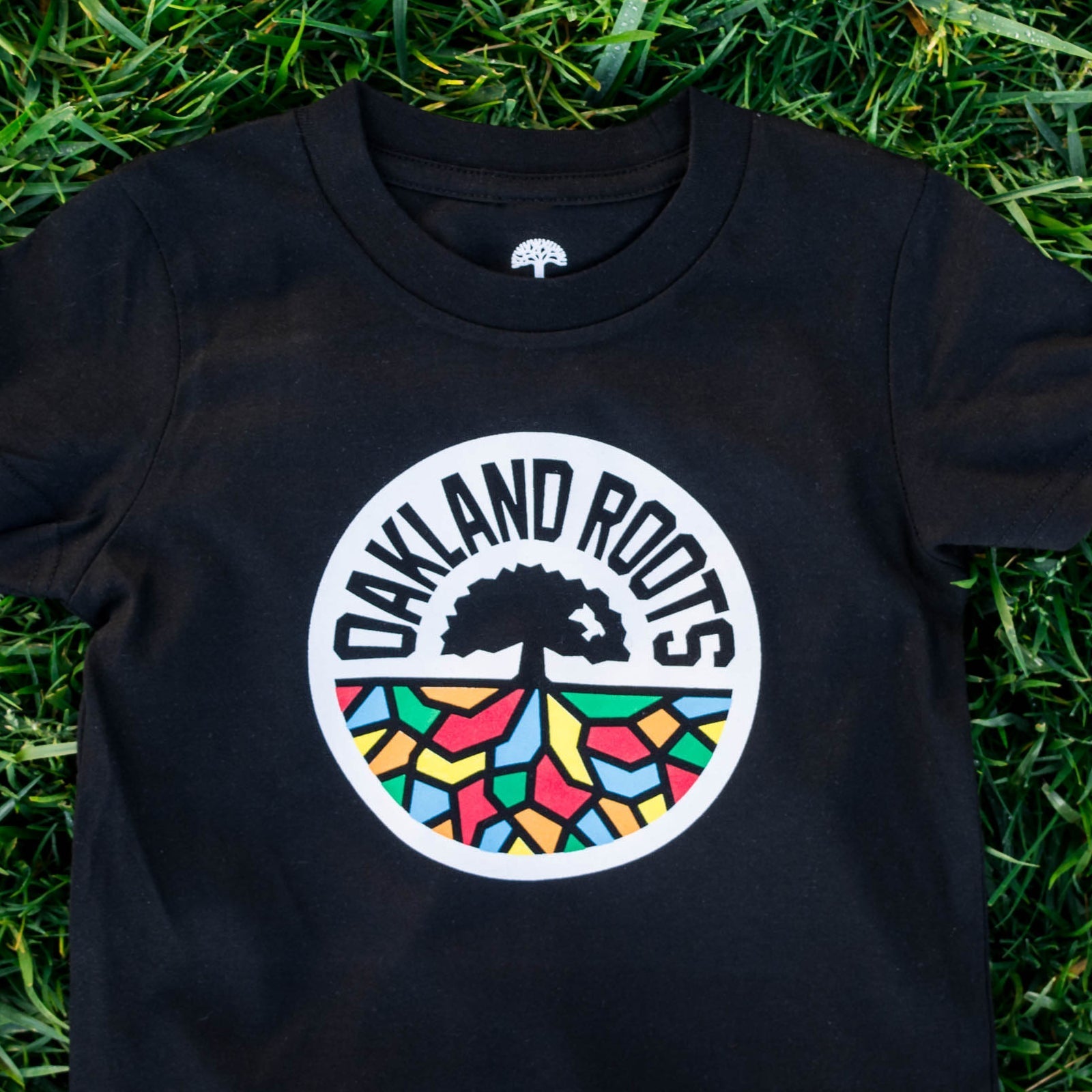 A Toddler Oakland Roots SC Classic Tee, featuring the iconic "OAKLAND ROOTS" logo, rests on green grass. The black tee by Oakland Roots SC showcases a central black tree with "OAKLAND ROOTS" arched above in black text. Beneath the tree, colorful mosaic-like patterns in red, yellow, blue, and green form the ground. Ideal for young fans of the sports club!