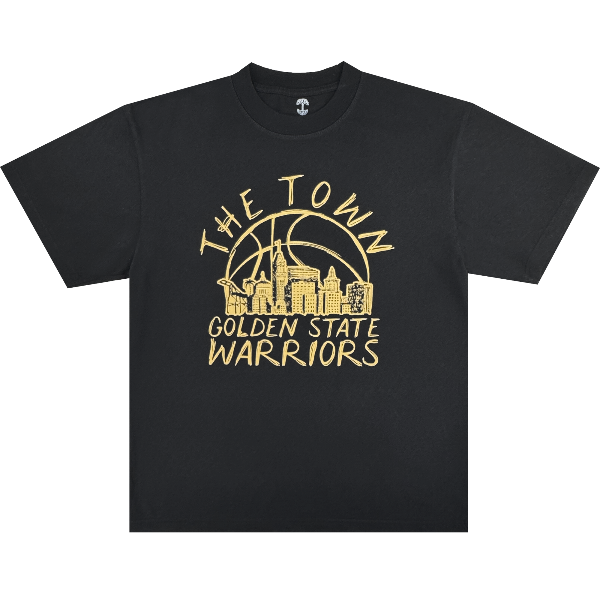 The GSW Town Doodle Tee is a black T-shirt featuring a yellow city skyline and basketball graphic, with “THE TOWN” above and “GOLDEN STATE WARRIORS” below, celebrating the iconic NBA team.