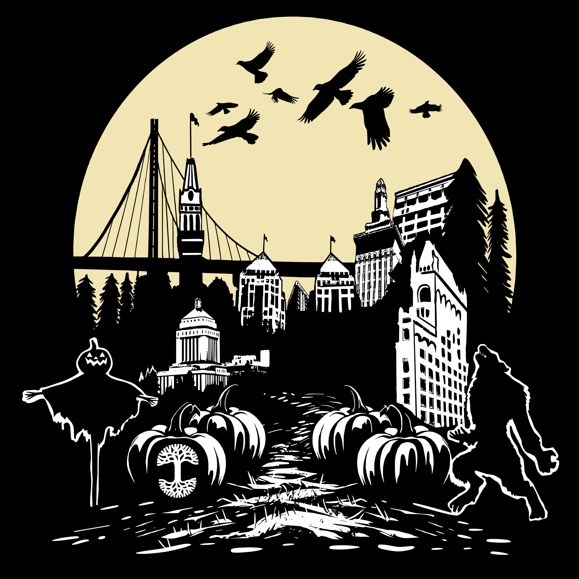 The Fright Town Tee by Oaklandish features a silhouette illustration of a Halloween-themed cityscape under a large yellow moon. The scene showcases a bridged skyline, pumpkins, bare trees, a scarecrow, and even a Bigfoot figure. Birds flying across the moonlit sky enhance the eerie atmosphere. This exclusive design is available on a 100% cotton black classic fit t-shirt.