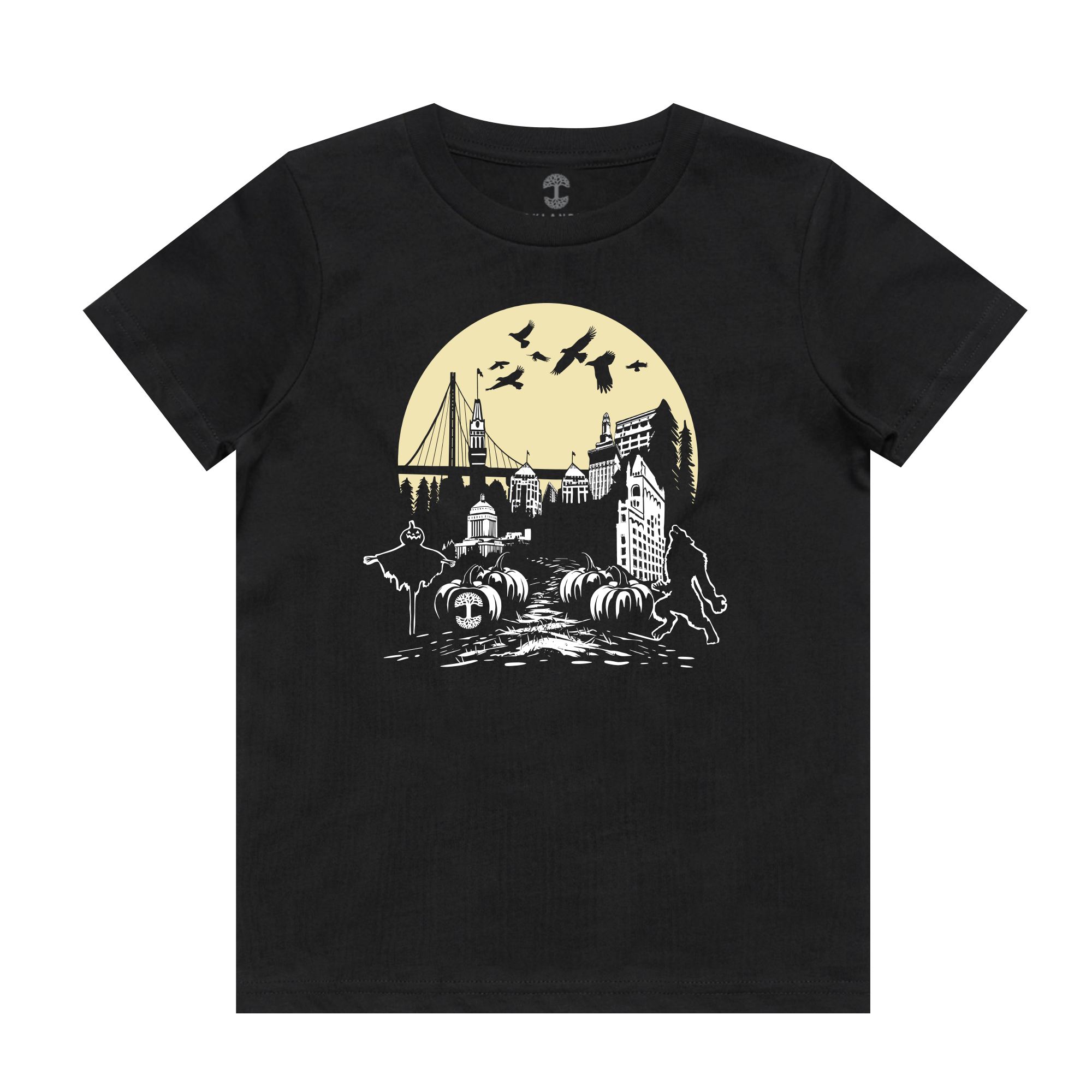 The Toddler Fright Town Tee from Oaklandish features a striking cityscape design with various buildings, a bridge, and flying birds set against a large, pale yellow full moon. Silhouettes of a bear, squirrel on a log, and tree stumps in the foreground add natural elements to the urban scene. This black T-shirt is made from 100% cotton and is part of our Kids Collection.