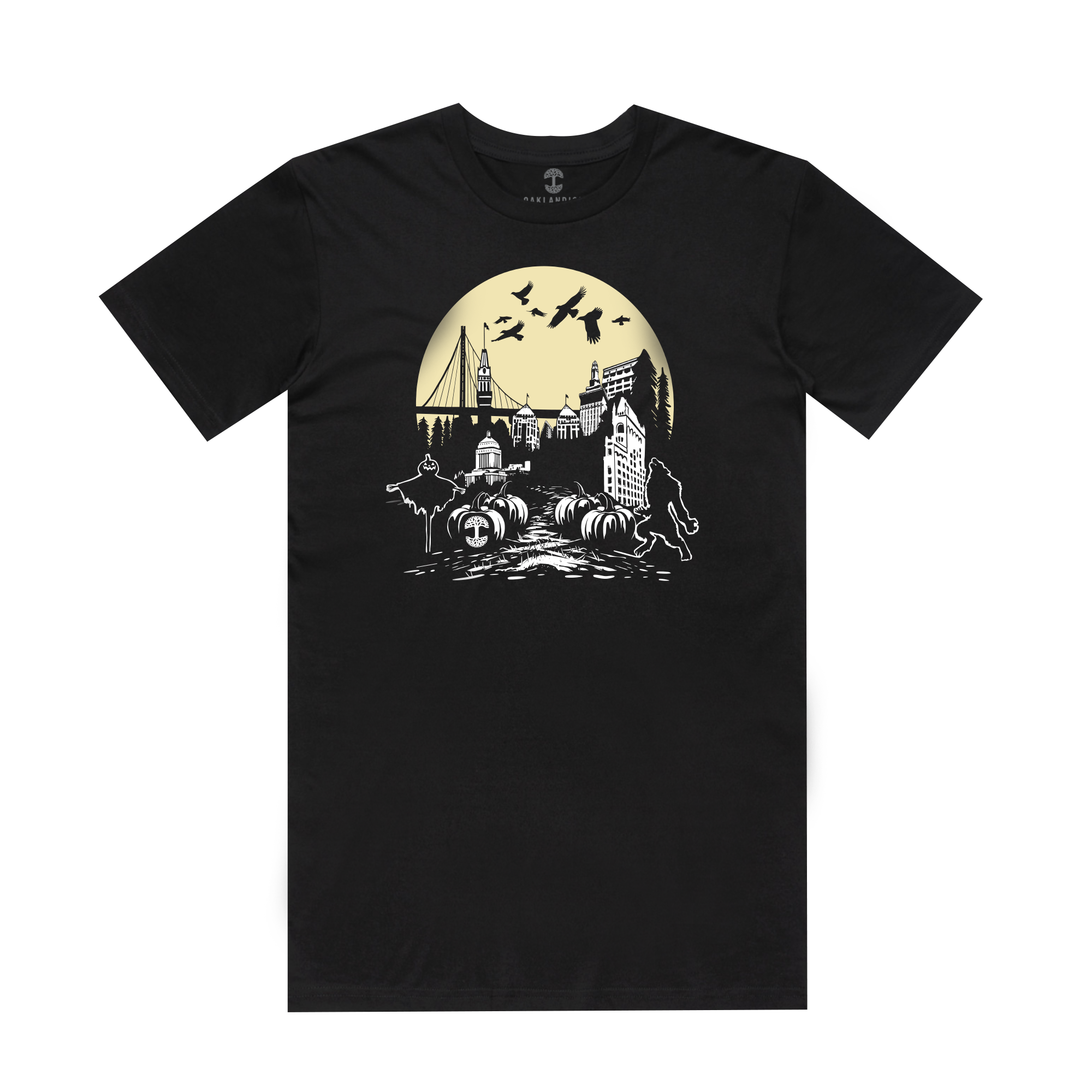 The Fright Town Tee by Oaklandish is a 100% cotton black, classic fit T-shirt featuring a yellow-toned cityscape graphic. Prominent elements include buildings, a bridge, and birds flying across a circular sunlit background. Stylized waves and two figures in mid-air complete this bold silhouette design.