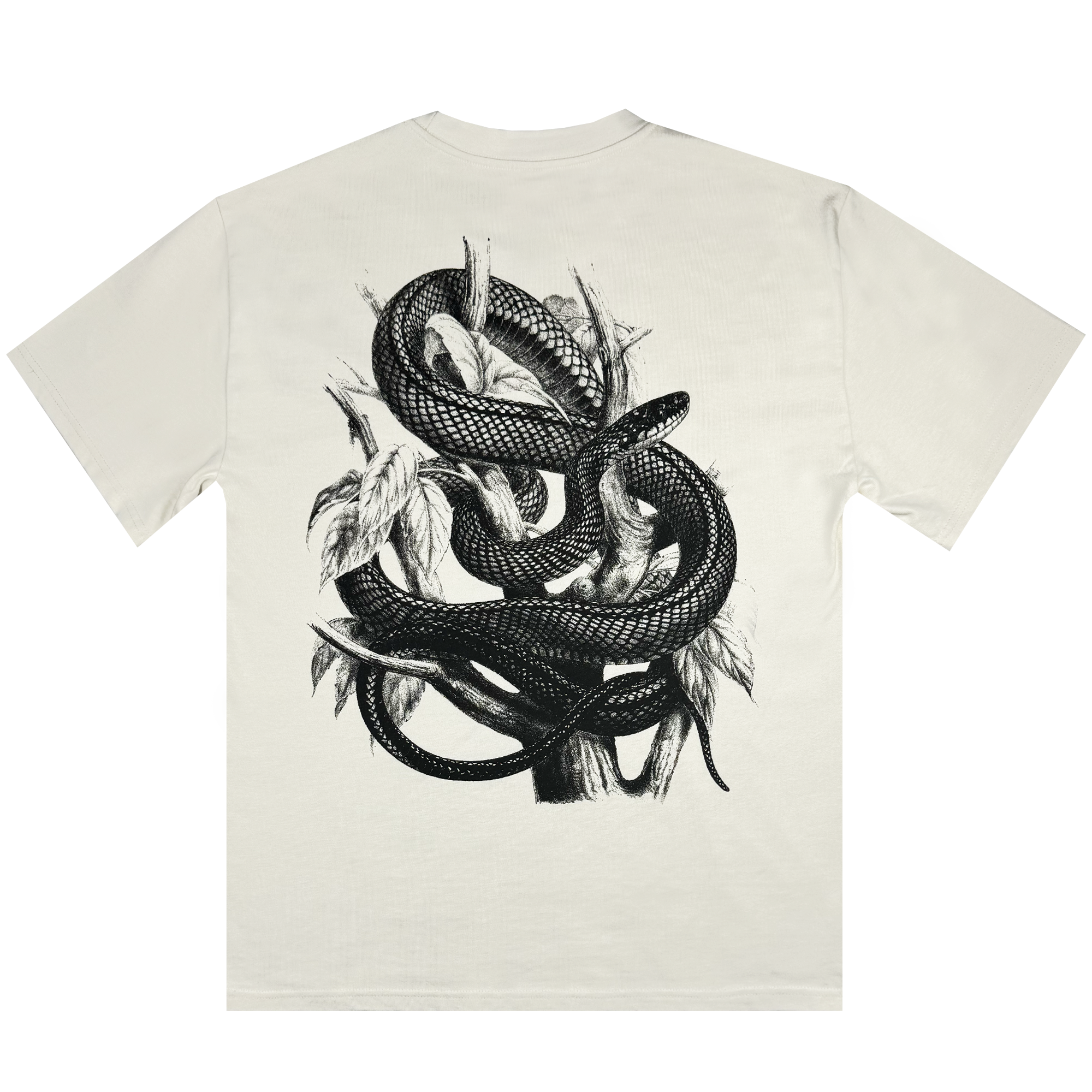 The Tree Snake Heavy Tee by Oaklandish is a men's boxy fit T-shirt made from heavyweight combed cotton, featuring a detailed black illustration of a snake entwined around tree branches. The intricate design highlights the snake's scales and leaves, creating a striking contrast against the plain white fabric.