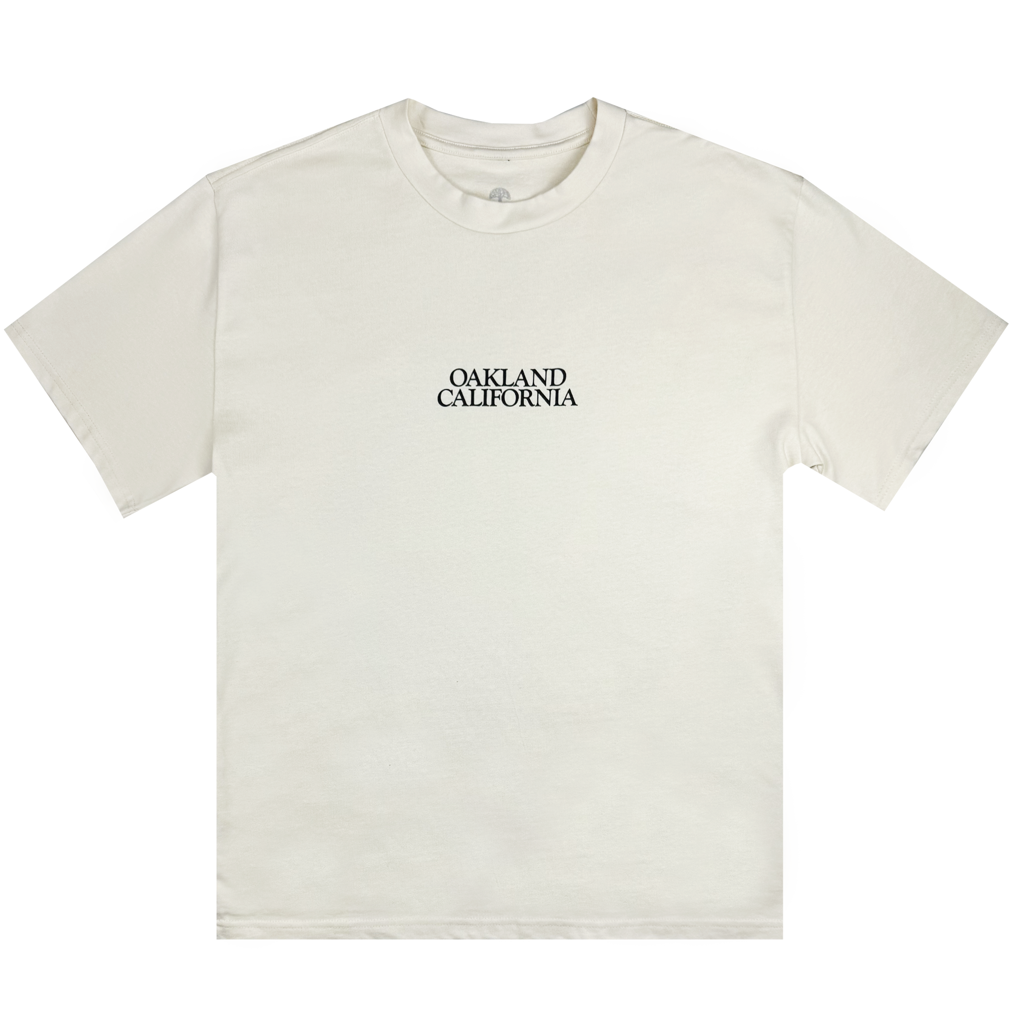 The Tree Snake Heavy Tee by Oaklandish is a white T-shirt with the text "OAKLAND CALIFORNIA" in bold black capital letters centered on the chest. Crafted from heavyweight combed cotton, it provides a clean and minimalist design. Its classic round neckline and short sleeves complement its boxy fit, ideal for men's sizing.