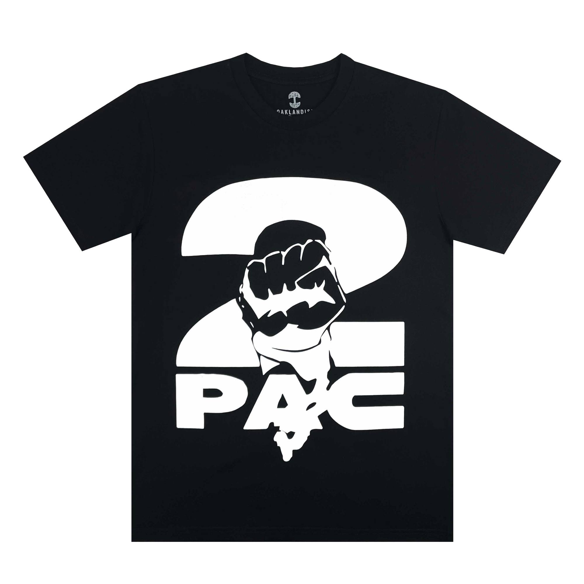 The PacLogo Tee by Oaklandish is a black t-shirt showcasing a striking white graphic of a raised fist cleverly incorporated into the design of the large number "2." Beneath it, "PAC" is boldly displayed in capital letters. Drawing inspiration from Tupac and hip-hop culture, this shirt embodies an Oaklandish vibe with its impactful imagery prominently featured on the front.