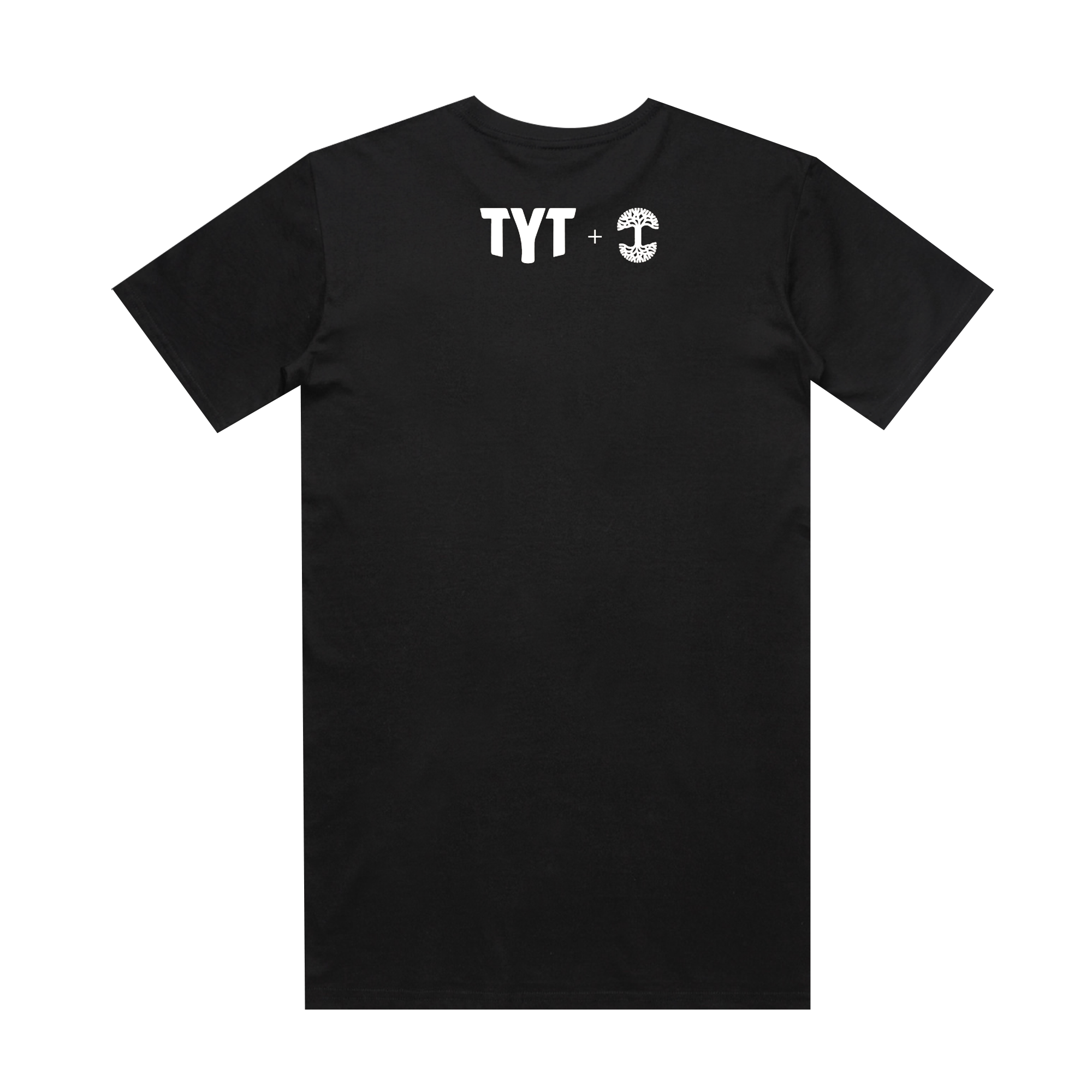 Laid flat on a simple white backdrop, the TYT Ballot Box Tee by Oaklandish showcases bold white text "TYT + C" prominently near the top center close to the collar. This black T-shirt subtly promotes civic responsibility by sparking dialogue about free and fair elections while adding a stylish touch locally.