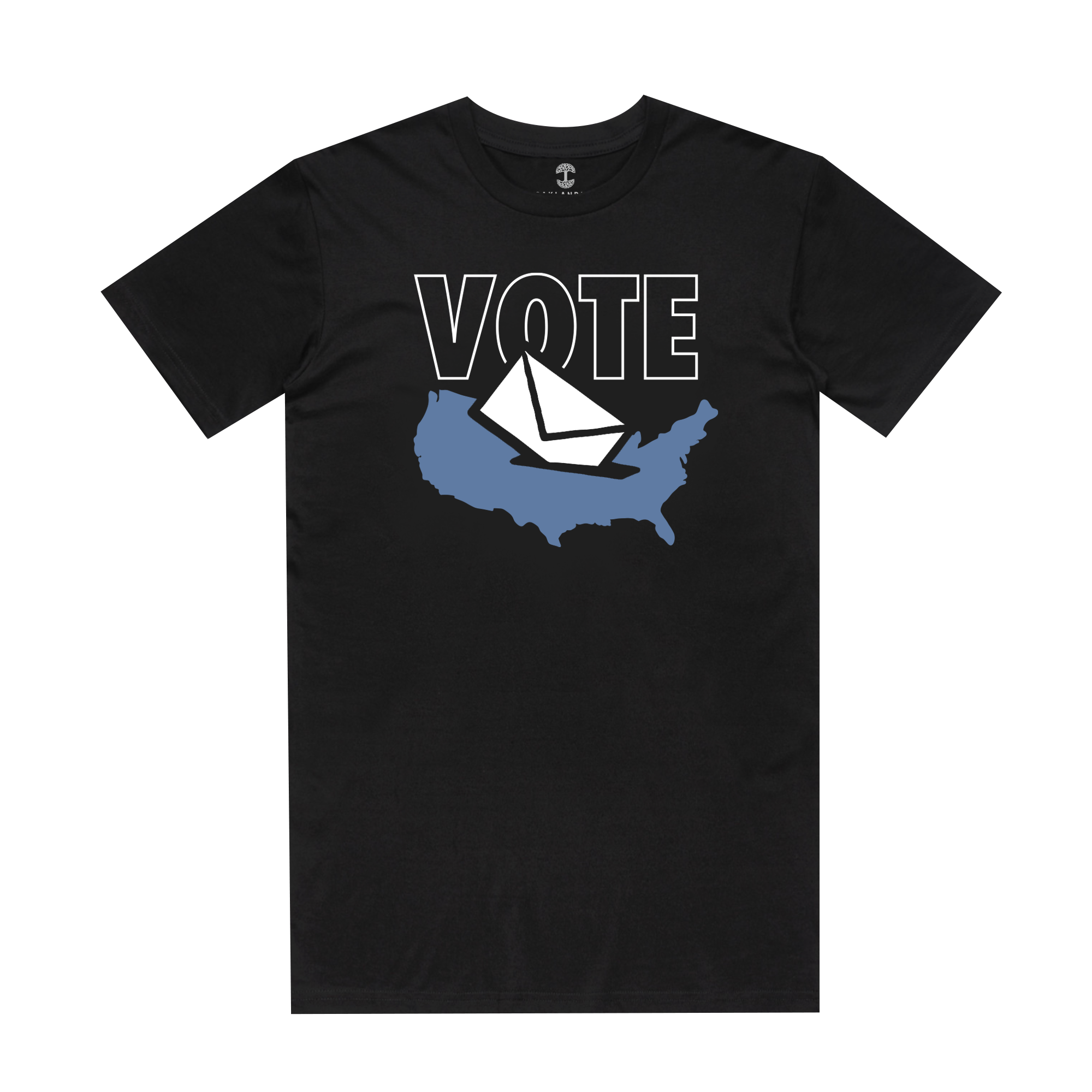 The TYT Ballot Box Tee by Oaklandish features a black T-shirt design with a blue outline of the United States, displaying a white paper ballot being placed into a ballot box at its center. The word "VOTE" is prominently displayed above, emphasizing the significance of free and fair elections and your local role in shaping the nation’s future.