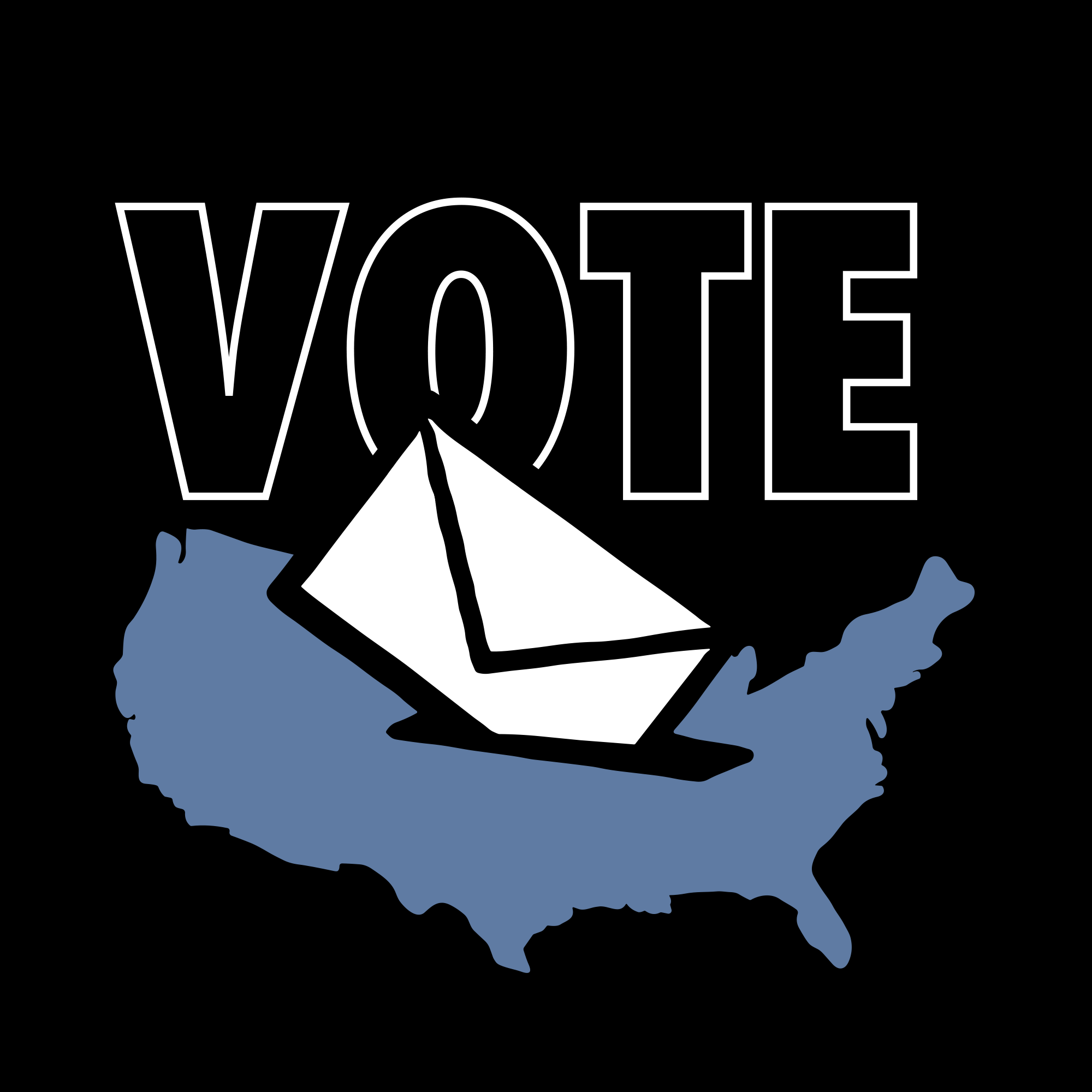 The TYT Ballot Box Tee by Oaklandish features a blue silhouette of the United States with a white envelope overlay, symbolizing mail-in voting for local elections. The word "VOTE" is prominently displayed in bold white letters above the map, all presented against a sleek black background.