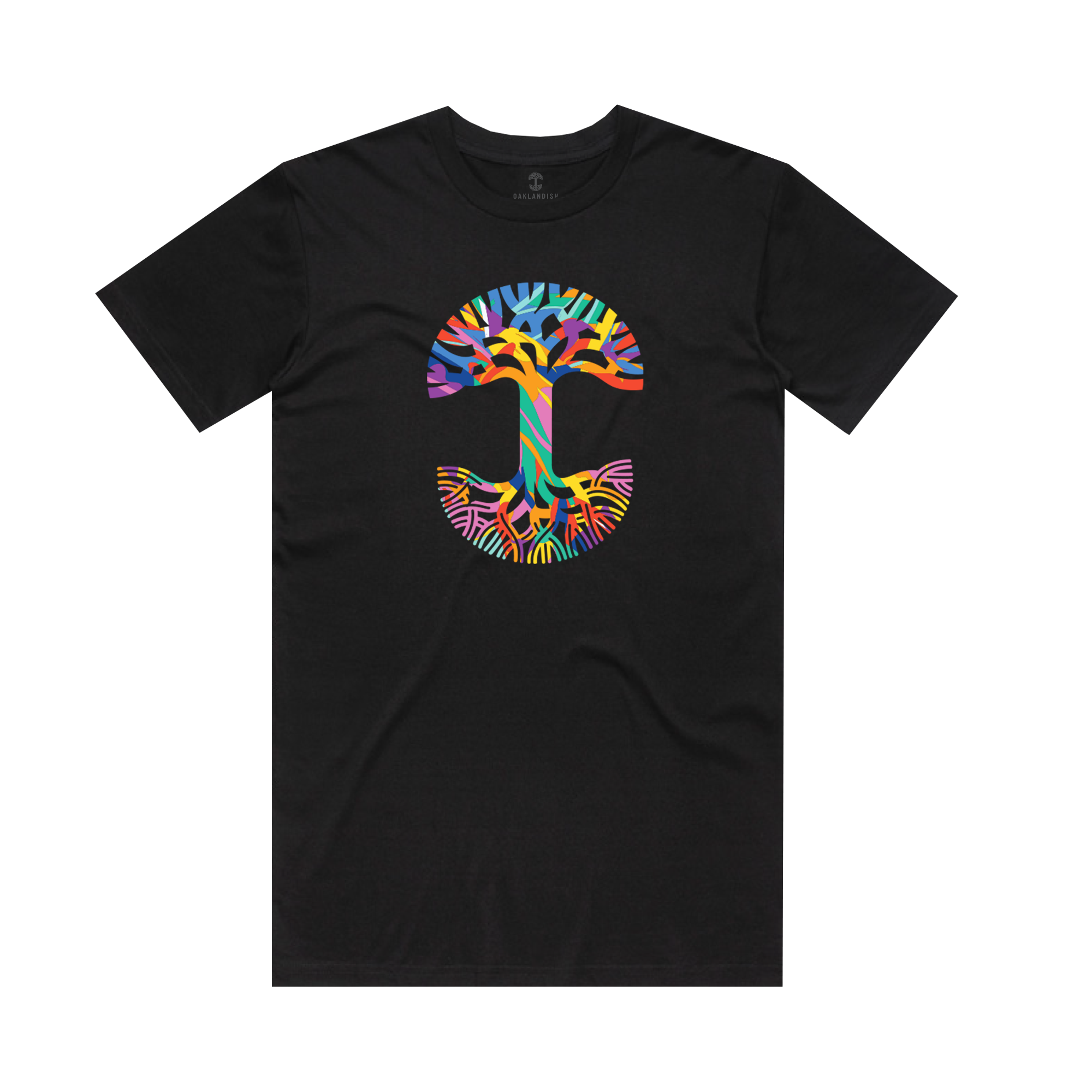 The Urban Tropics Tee by Oaklandish features a vibrant, multicolored tree with branching roots and canopy in an abstract circle design on the chest, inspired by Kalani Ware’s multicultural artwork.