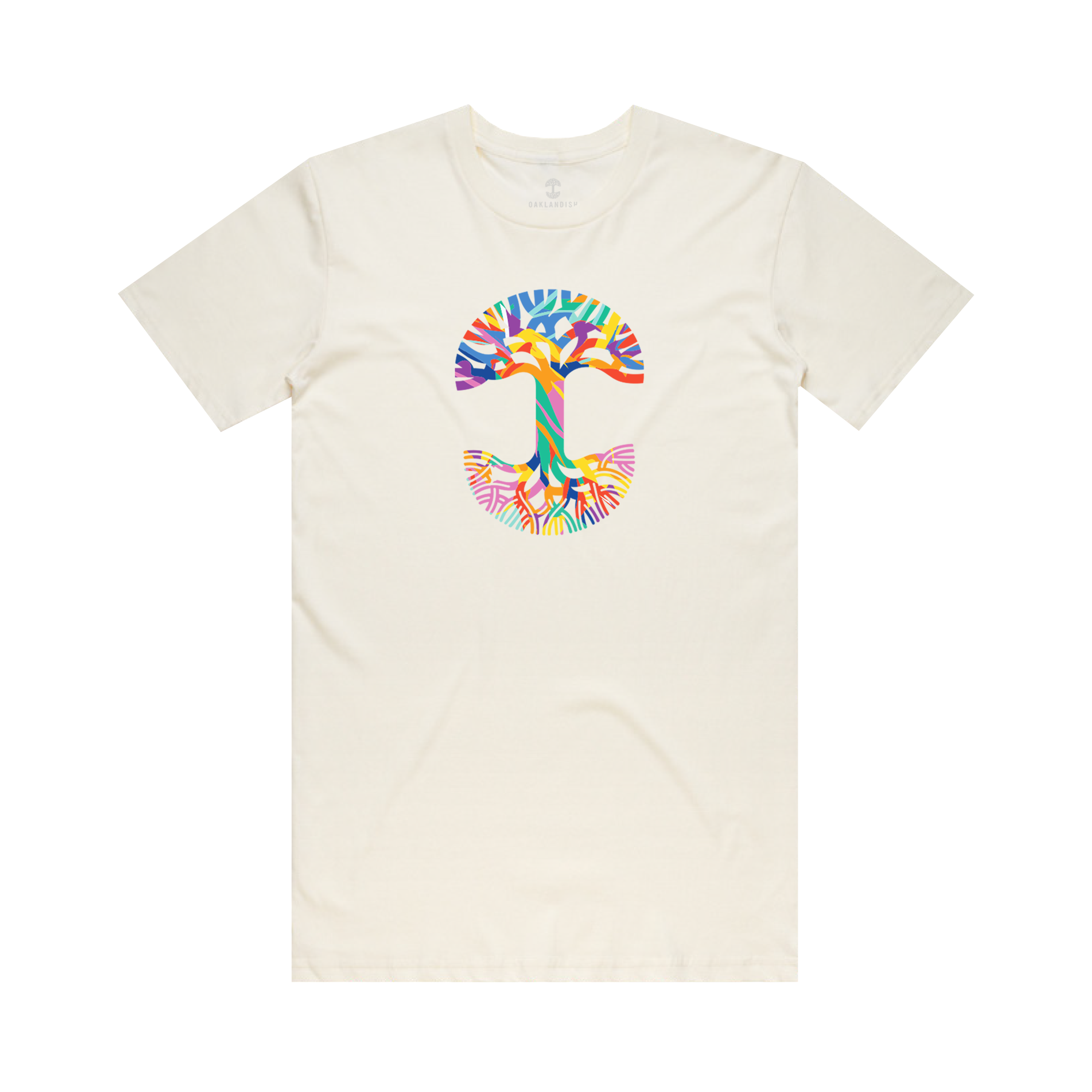 The Urban Tropics Tee by Oaklandish is a cream-colored t-shirt featuring a vibrant, abstract tree design with bold, colorful wavy branches and roots at the center, inspired by multicultural art for an eye-catching focal point.