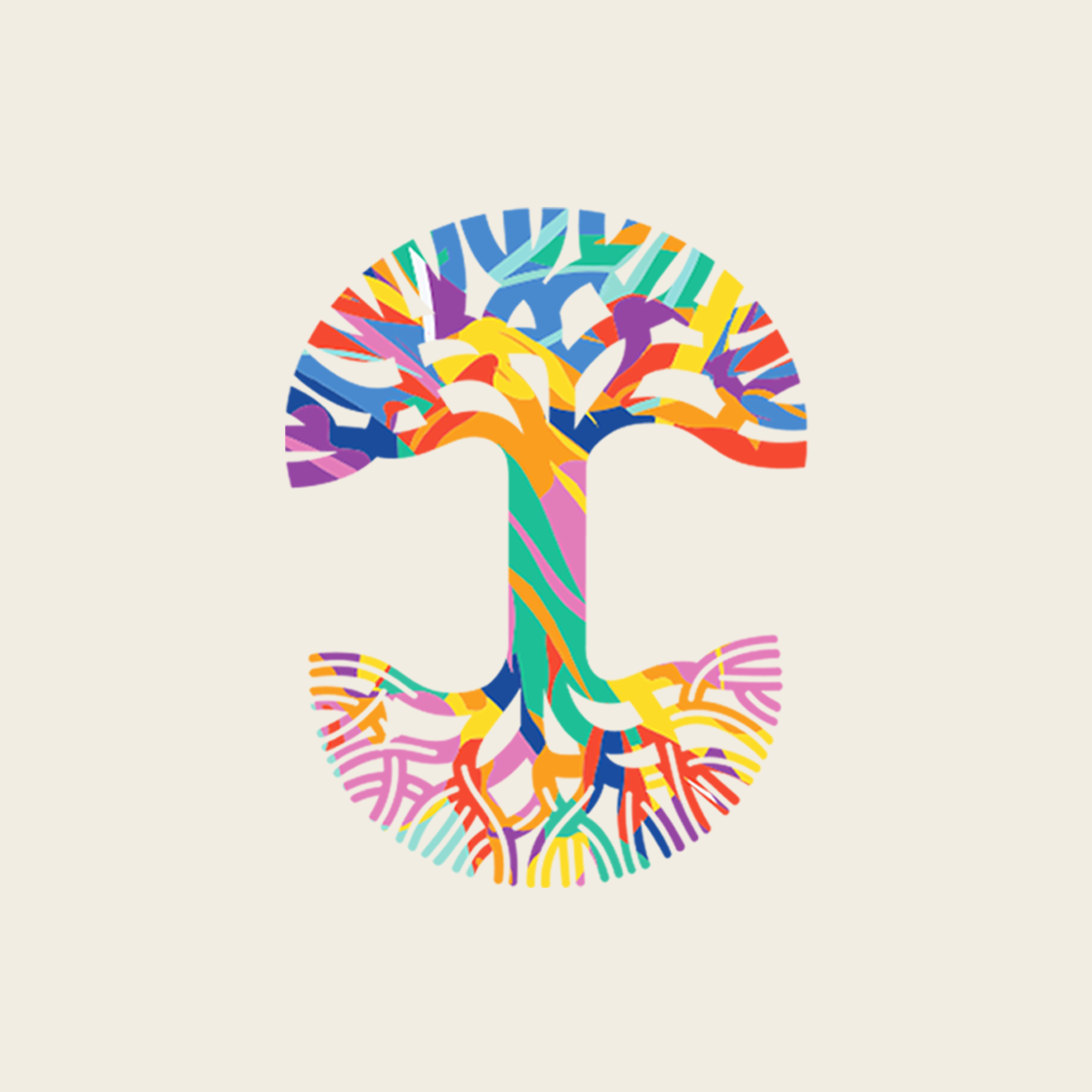 The Women's Urban Tropics Tee by Oaklandish features a circular, multicultural tree with vibrant abstract branches and roots on a light beige background—perfect for abstract art lovers.
