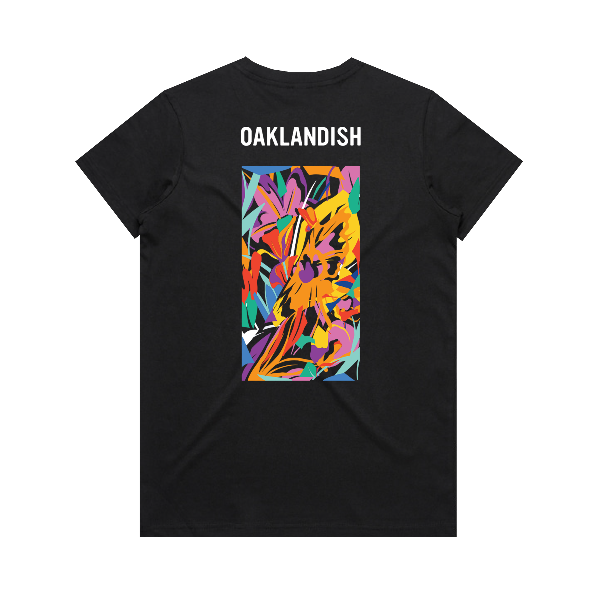 The Women's Urban Tropics Tee by Oaklandish features "OAKLANDISH" in white over a vibrant, multicultural-inspired abstract design by Kalani Ware with bold multicolored brushstrokes on the back. The tee comes in black with a plain white background.