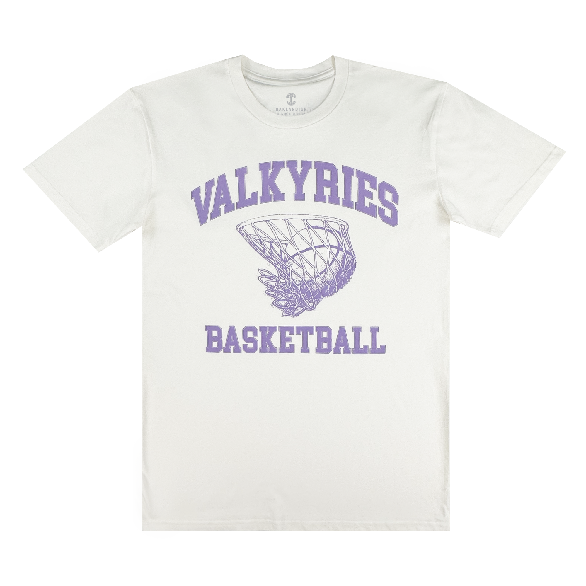 The GSV Golden State Valkyries Rec League Tee is a white organic cotton shirt featuring “VALKYRIES” in bold purple above a basketball net, with “BASKETBALL” below—delivering sporty style and all-day comfort.