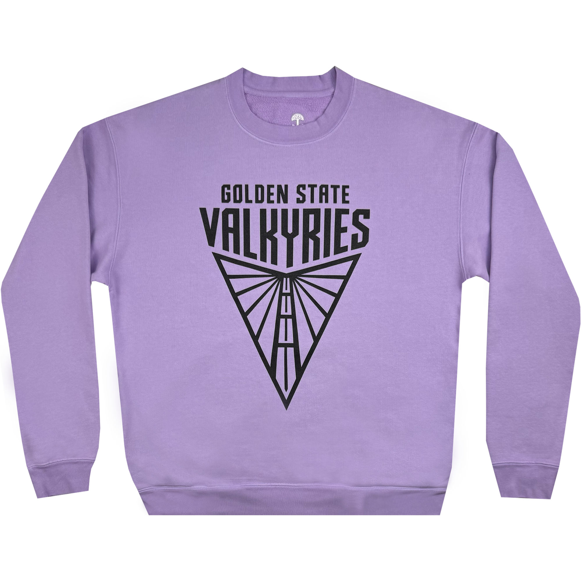 GSV's Golden State Valkyries Primary Heavy Crewneck is crafted in heavyweight preshrunk organic cotton, showcasing "Golden State Valkyries" in bold black on lavender. A modern triangular logo with geometric lines accents the soft purple fabric, creating an eye-catching design.