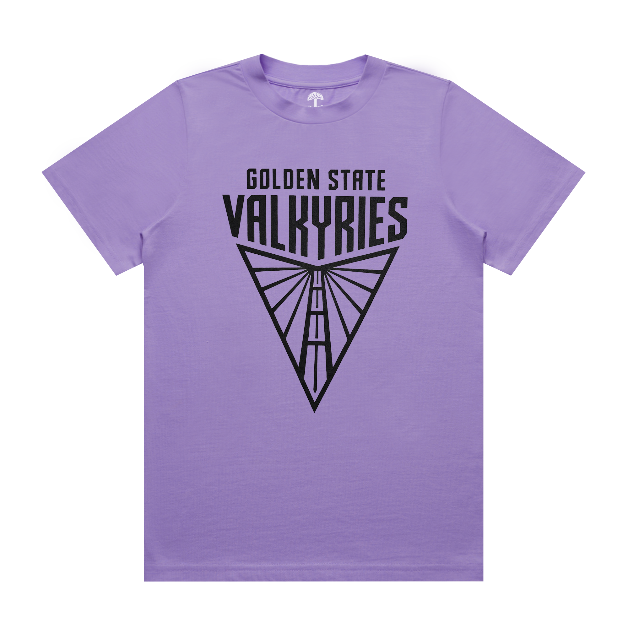 The GSV Golden State Valkyries Primary Heavy Tee is a purple organic cotton shirt with "Golden State Valkyries" in bold black and a central triangular geometric logo, offering a modern and sleek design.