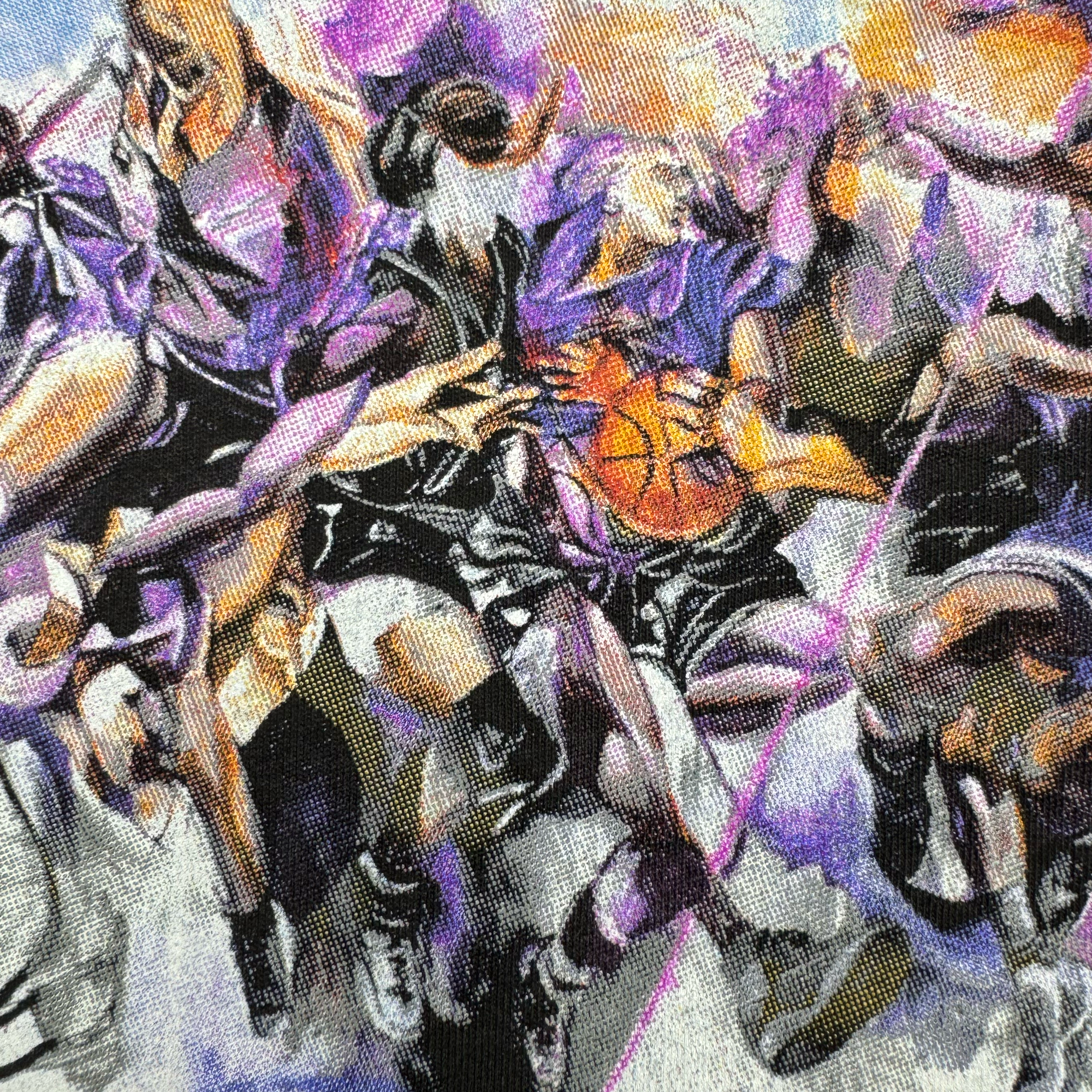 A dynamic painting reminiscent of the Golden State Valkyries Art of Expansion Hoodie by GSV showcases abstract figures in motion during a basketball game. Players, illustrated in vibrant shades of purple, orange, and black, are centered around a pivotal figure holding an orange basketball. The work features Hueman's energetic brushstrokes that beautifully convey movement and intensity.