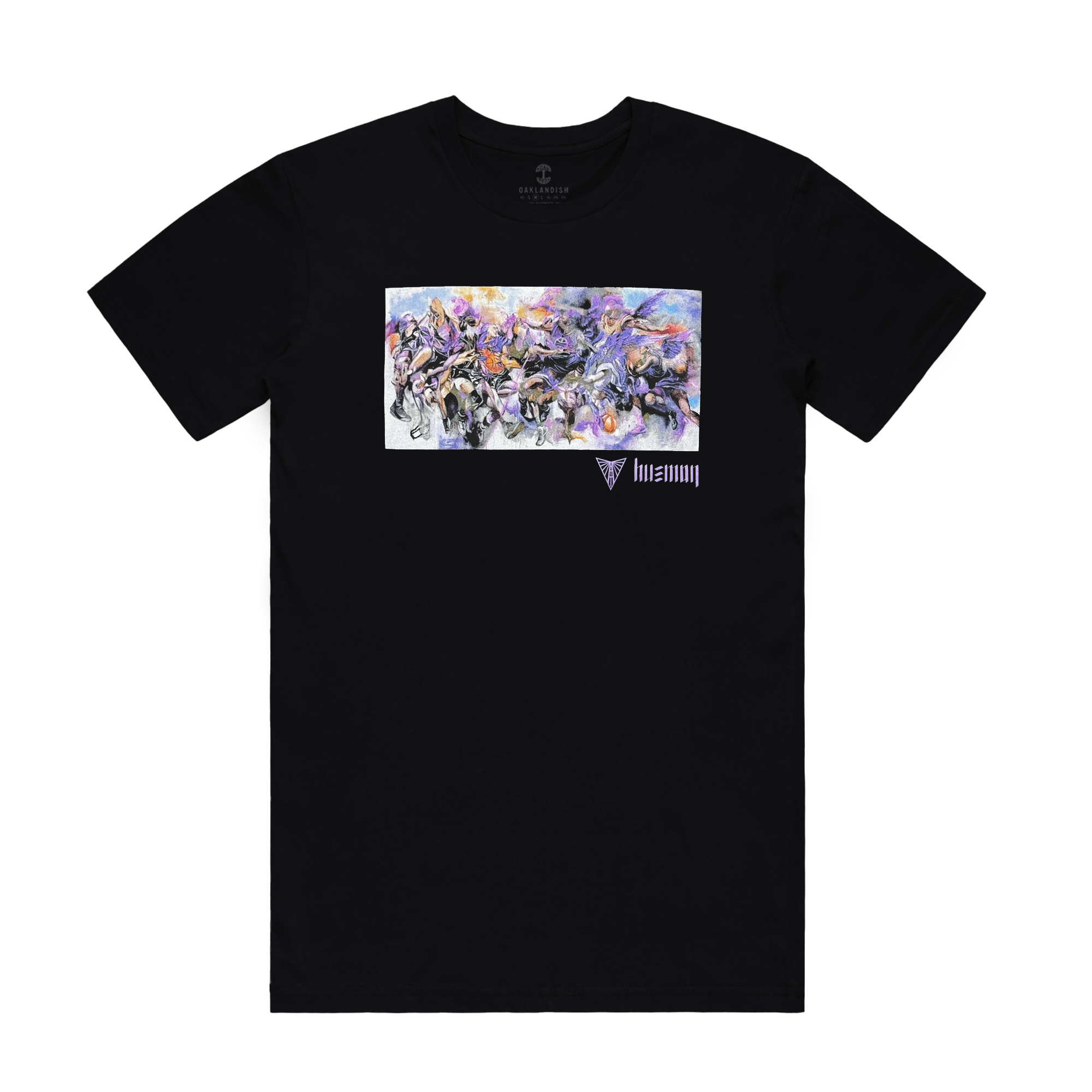 The Golden State Valkyries Art of Expansion Tee by GSV is a black T-shirt showcasing a vibrant graphic on the chest. It features a thrilling scene of futuristic robots in combat, inspired by the Art of Expansion series. Below this impressive image is a geometric logo featuring the text "Illenium" in a sleek, modern font.