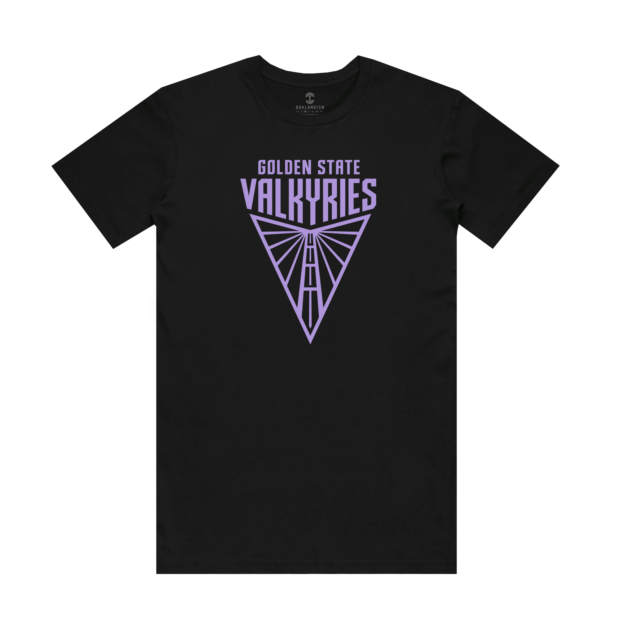 The Golden State Valkyries Primary Tee by GSV is crafted from 100% cotton in black and features a symmetrical geometric triangle design. The bold, uppercase purple "Golden State Valkyries" lettering adds a modern and sporty touch. Experience the comfortable classic fit while showing support for your team.