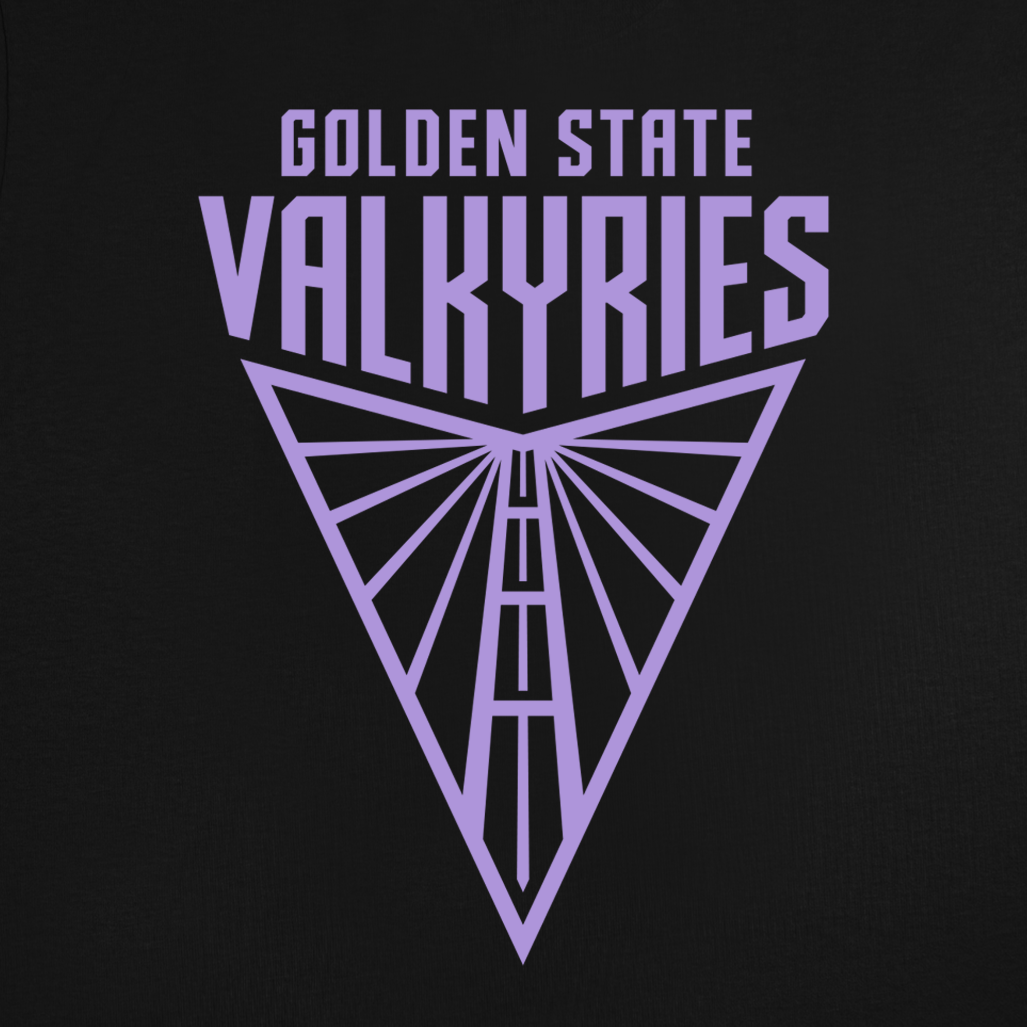 The "Golden State Valkyries Primary Tee" by GSV features a purple triangular logo with the "Golden State Valkyries" in bold uppercase letters on a classic fit shirt. The design includes a stylized geometric wing pattern extending from a central vertical line and is made from 100% cotton, with the black background accentuating the light purple logo and text.