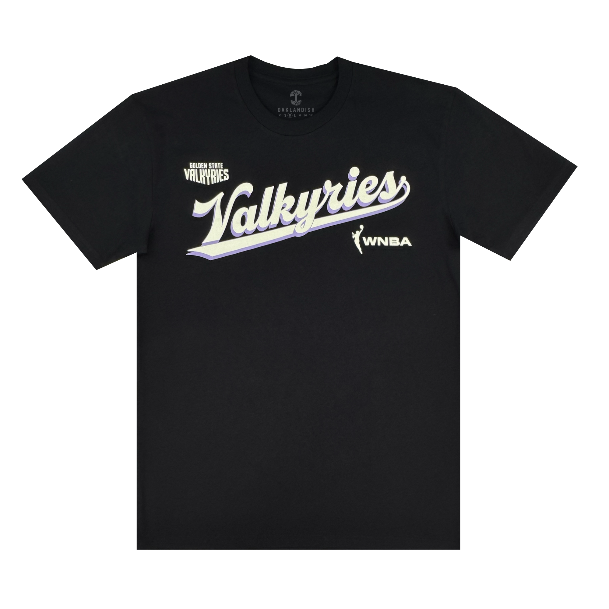 The GSV Golden State Valkyries Retro Script Tee is made from organic cotton and showcases “Valkyries” in bold white script with a lavender underline, plus “Golden State VALKYRIES” and the WNBA logo in crisp white.