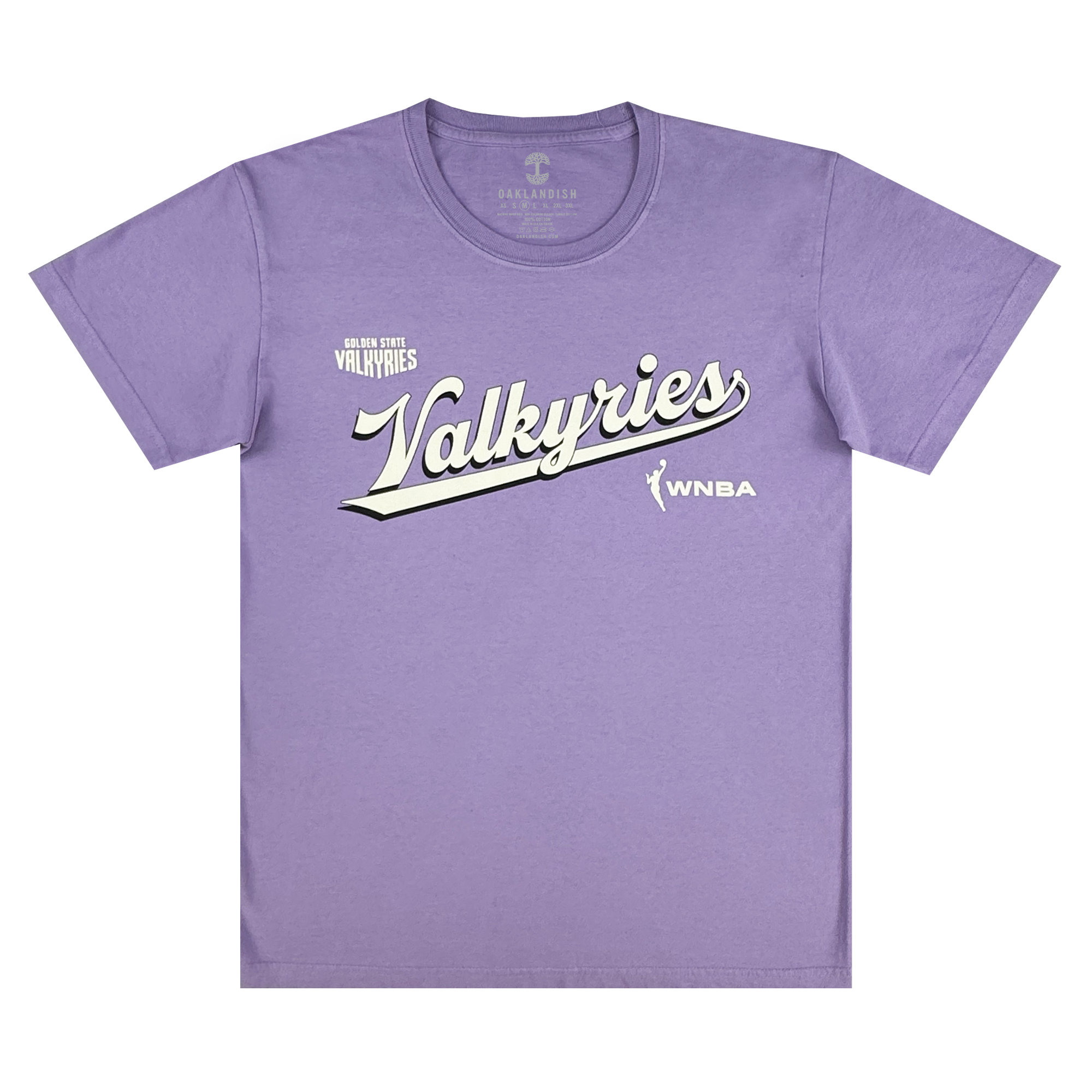The GSV Golden State Valkyries Retro Script Premium Tee is a light purple, organic cotton heavy tee with "Valkyries" in large white script, "Golden State Valkyries" above, and the WNBA logo and text on the lower right.