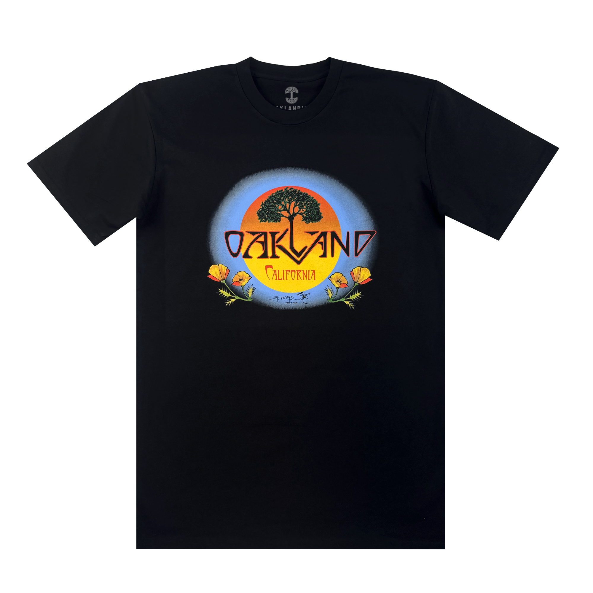 The Oaklandish Vanguard Tee features a classic fit and a Stanley Mouse-inspired graphic: a large tree silhouetted against an orange and blue sunset, with “OAKLAND” above “California” on a yellow banner, plus orange poppies and green leaves.
