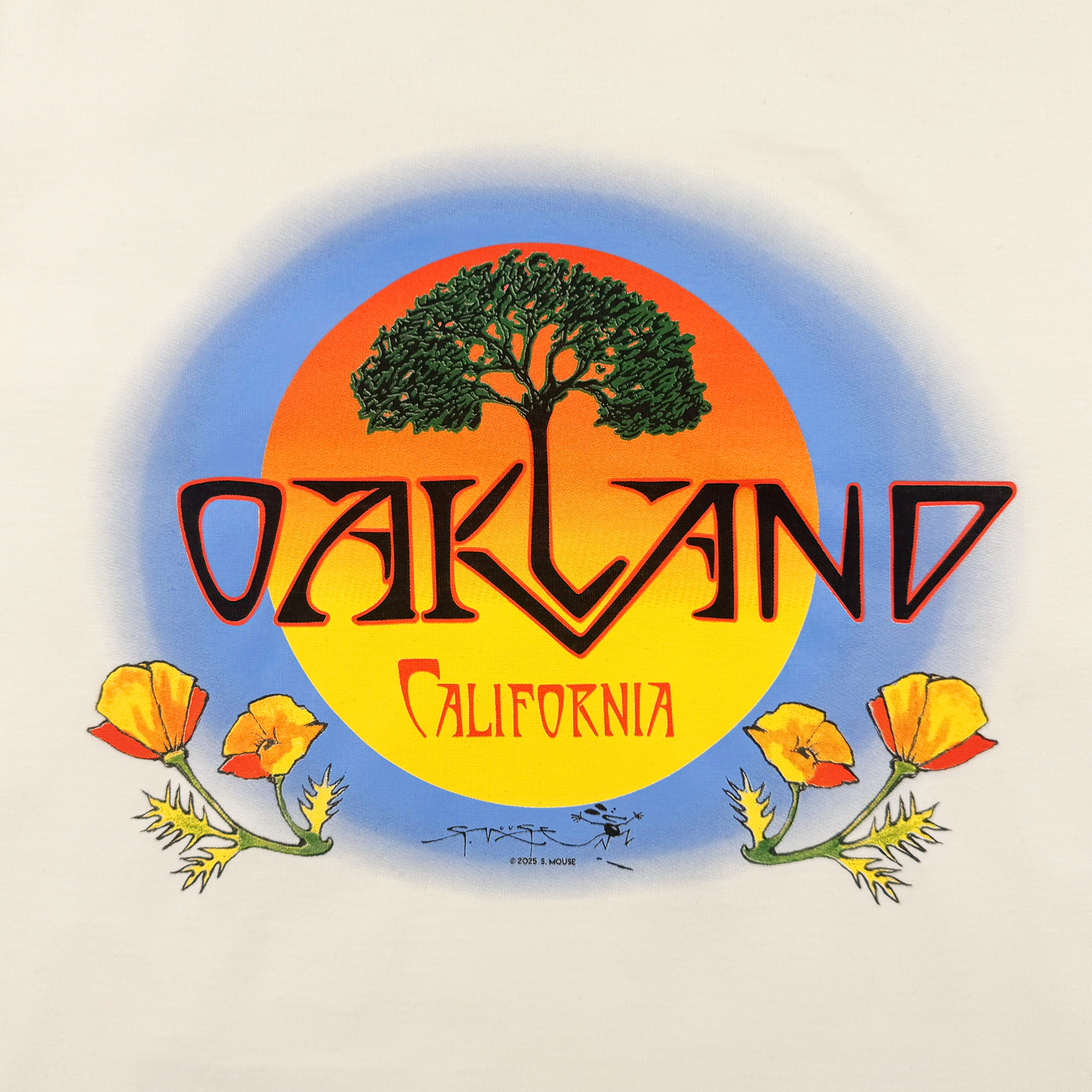 A graphic tree silhouette against an orange-yellow sun with bold “OAKLAND” and “California” below, framed by poppies—perfect for the Oaklandish Women's Vanguard Tee on a light background.