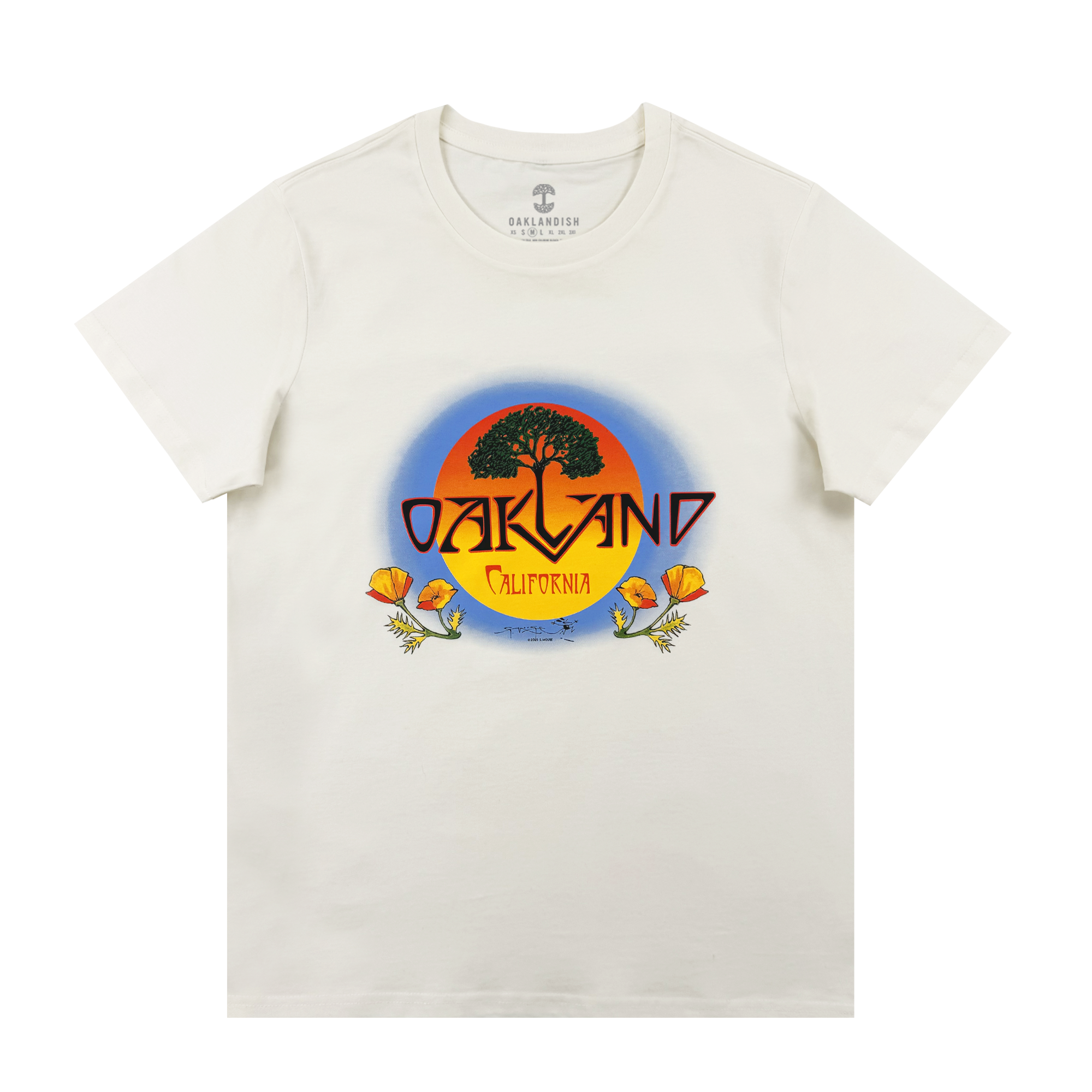The Oaklandish Women's Vanguard Tee is a classic fit featuring a round sunset graphic with a black tree, bold "OAKLAND," "California" below, and orange poppies framing the border.