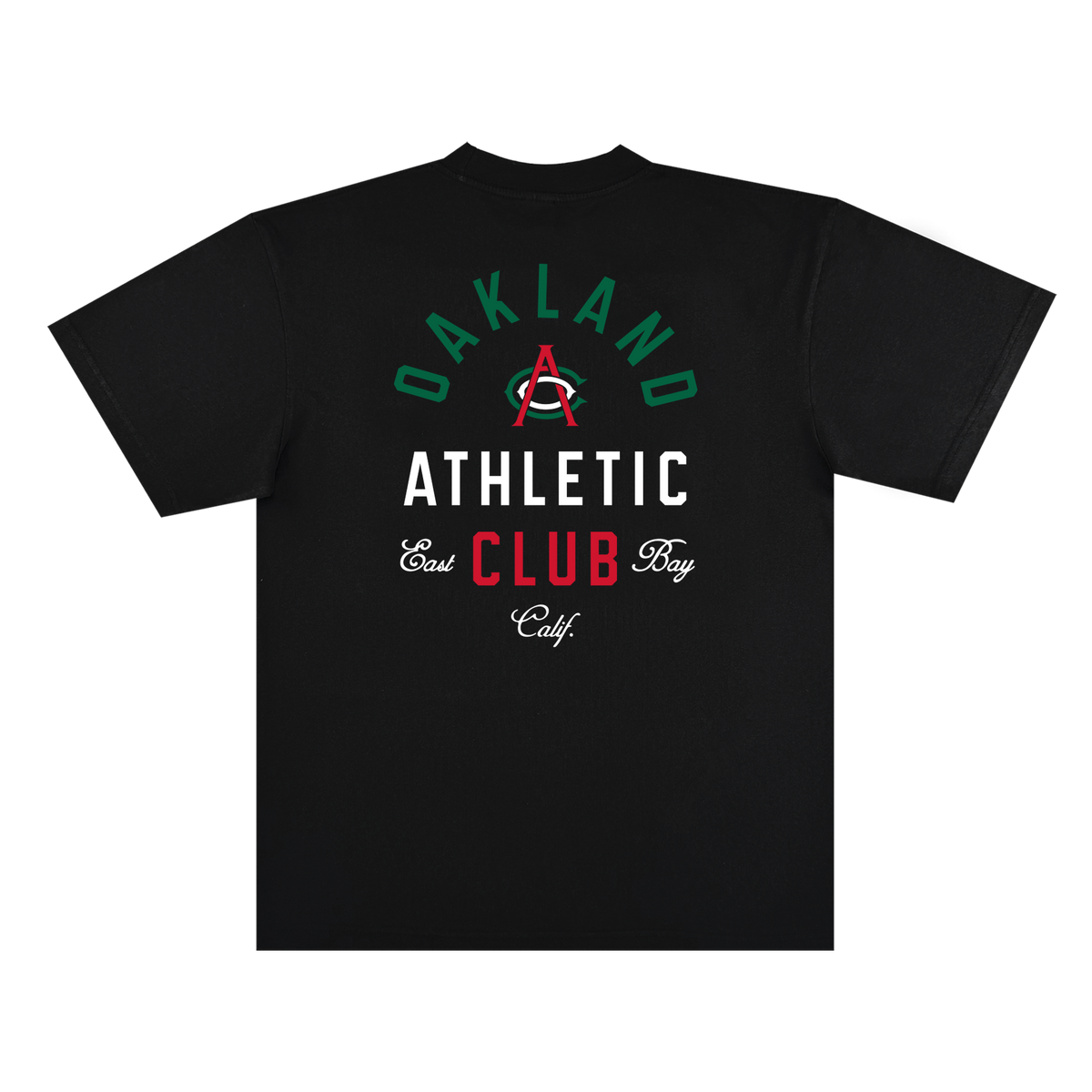 The Viva OAC Tee by OAC is a black, classic fit t-shirt crafted from heavy-weight cotton. The back showcases “OAKLAND ATHLETIC CLUB” and “East Bay Calif.” in green, white, and red fonts, highlighted by a large red “A” with a green arc centered among the text.