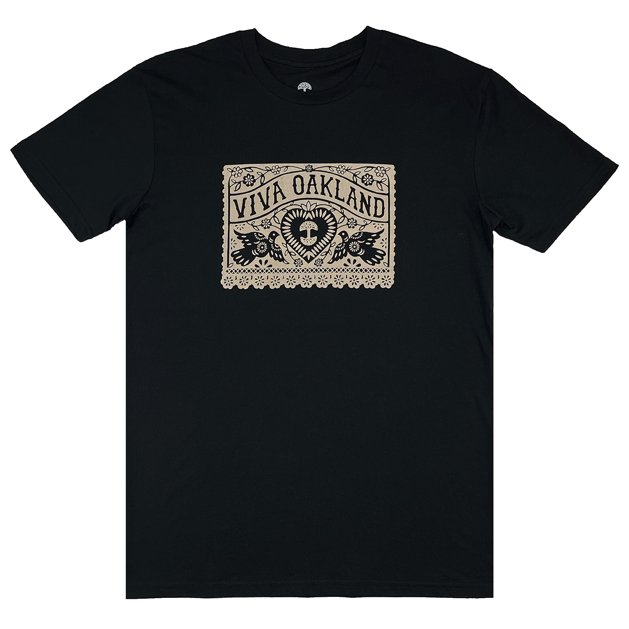 Black t-shirt with intricate lace gold Viva Oakland graphic on the front chest.