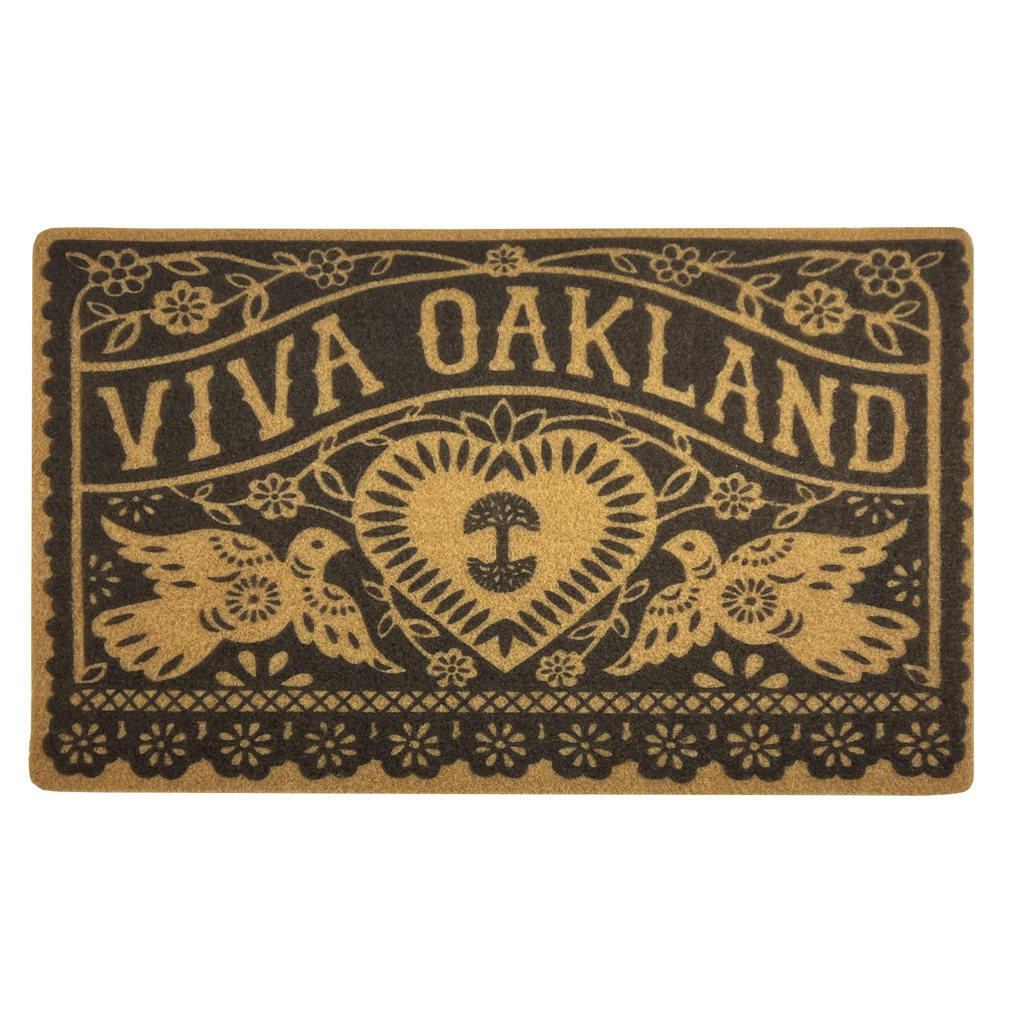 Introducing the Viva Oakland Door Mat by Oaklandish—a heavy-duty rectangular mat featuring a black and tan design. The text "VIVA OAKLAND" is prominently displayed in bold, block letters at the top. Below, two stylized birds face a central heart with a tree inside, all encircled by decorative floral patterns. This stylish door mat also offers an anti-slip feature!