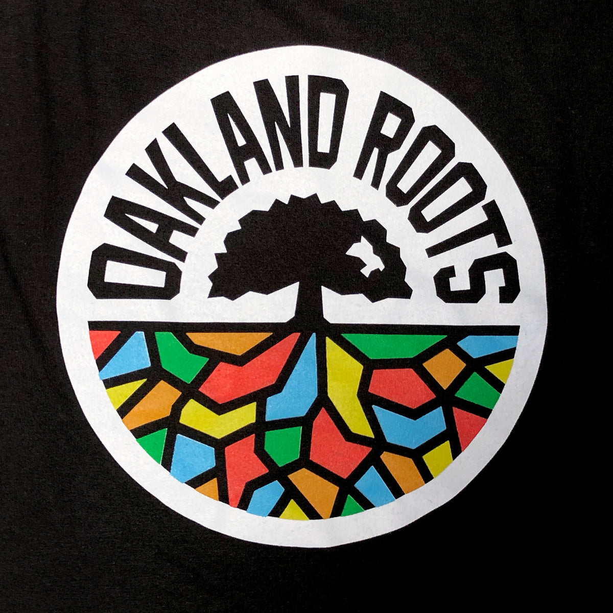 The image showcases the Women's Oakland Roots SC Logo Tank by Oakland Roots SC. The tank top features a circular design with bold, capital letters spelling "Oakland Roots" at the top. Inside the circle, there's a tree with black roots and below it, a ground depicted with multicolored mosaic patterns.