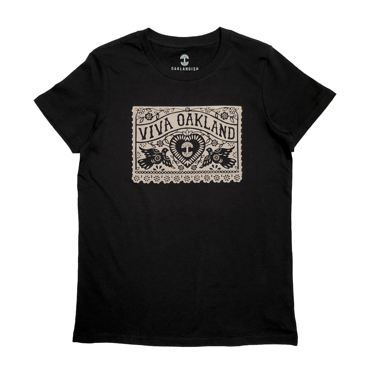 The Women's Viva Oakland Tee by Oaklandish is a black T-shirt made from 100% cotton, featuring a bold beige rectangular graphic with the words "Viva Oakland." Below the graphic, a heart rests amid artistic leaf and flower designs. This classic fit tee comes with the "Oaklandish" logo printed on the inside neckline.