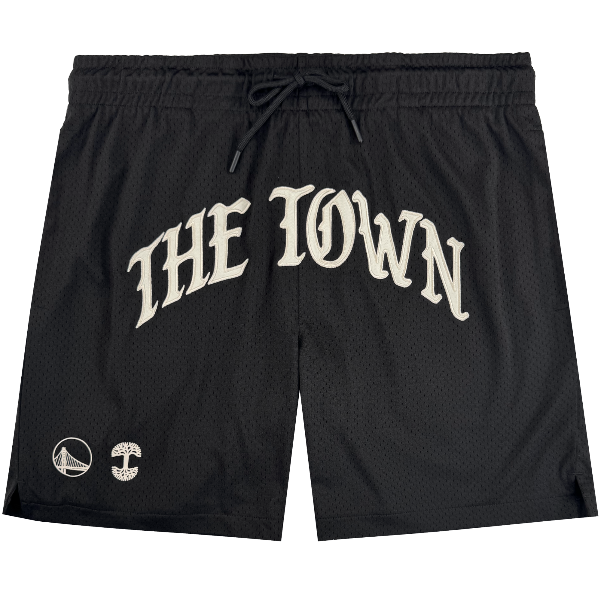 GSW Arched Black-Letter Shorts from the Town Collection feature "THE TOWN" in bold white letters, a Warriors bridge logo on the left leg, a stylized tree on the right, plus an elastic waistband with drawstring.