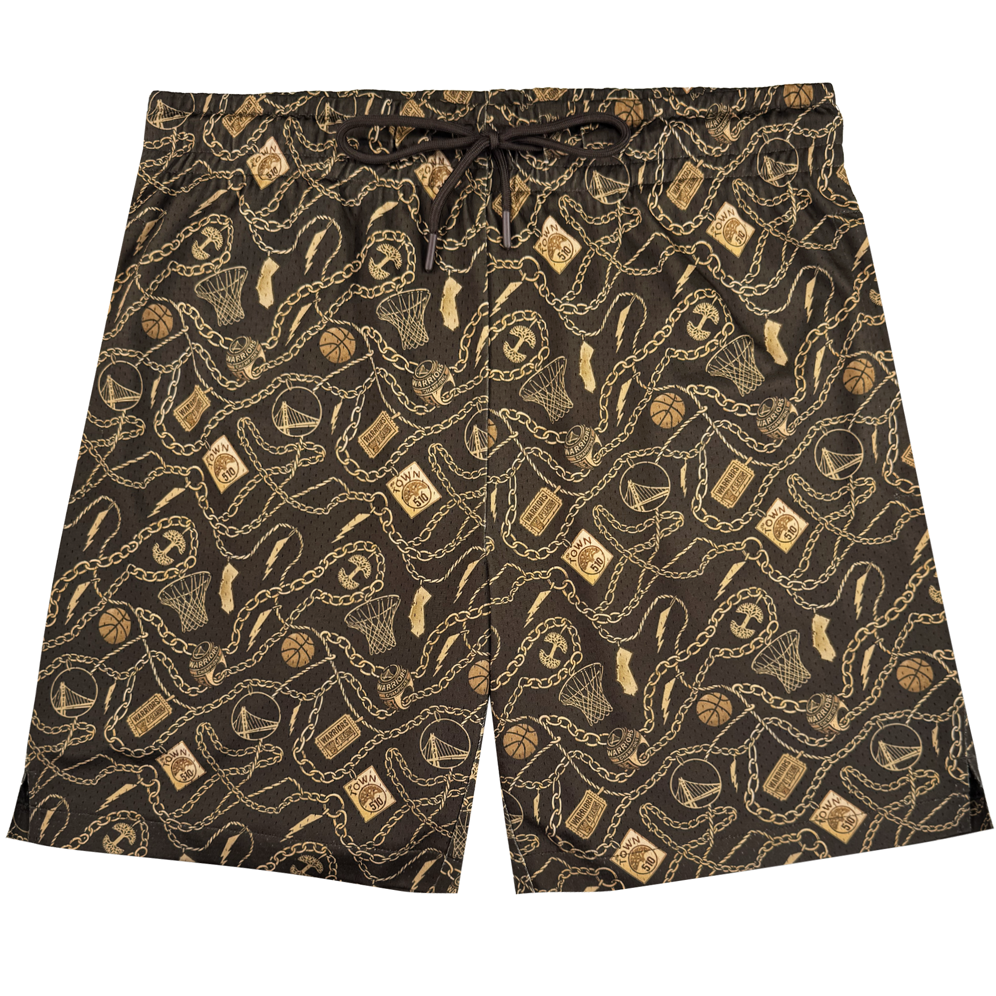 The GSW All Gold Forever Shorts are black with a drawstring waist, showcasing an all-over gold and brown print of basketballs, hoops, sneakers, chains, and playing cards on a white background inspired by the Golden State Warriors.