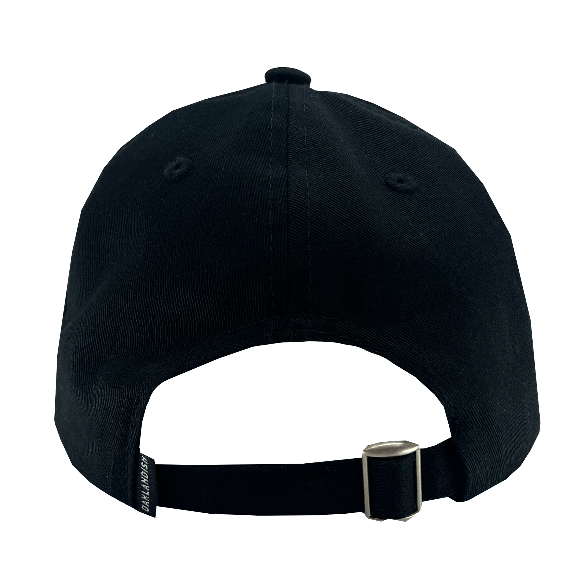 Backside view of black ball cap with adjustable closure and Oaklandish wordmark tag.