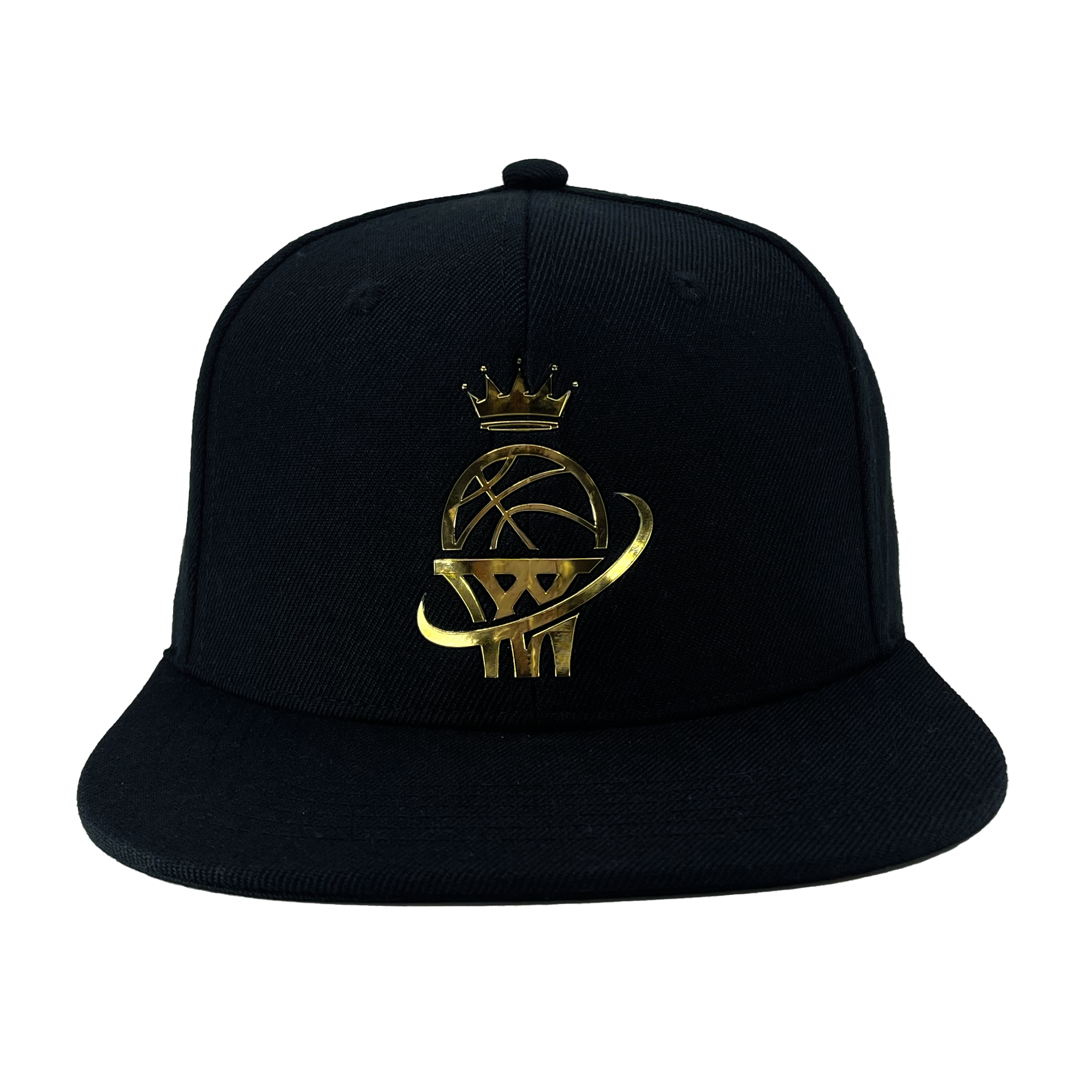 Front view of a black snapback hat with gold WPBA logo on the front crown.