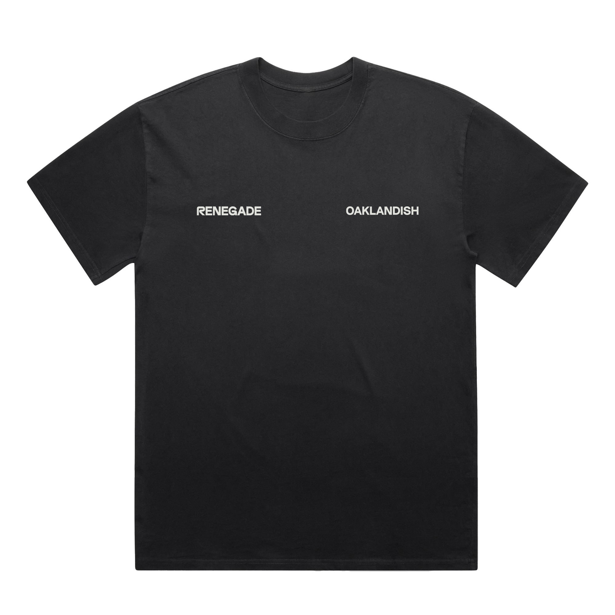 A classic fit We R Oakland Tee by Oaklandish laid flat on a white background, featuring bold “RENEGADE” and “OAKLANDISH” text—a tribute to Renegade Running and Oakland’s running community.