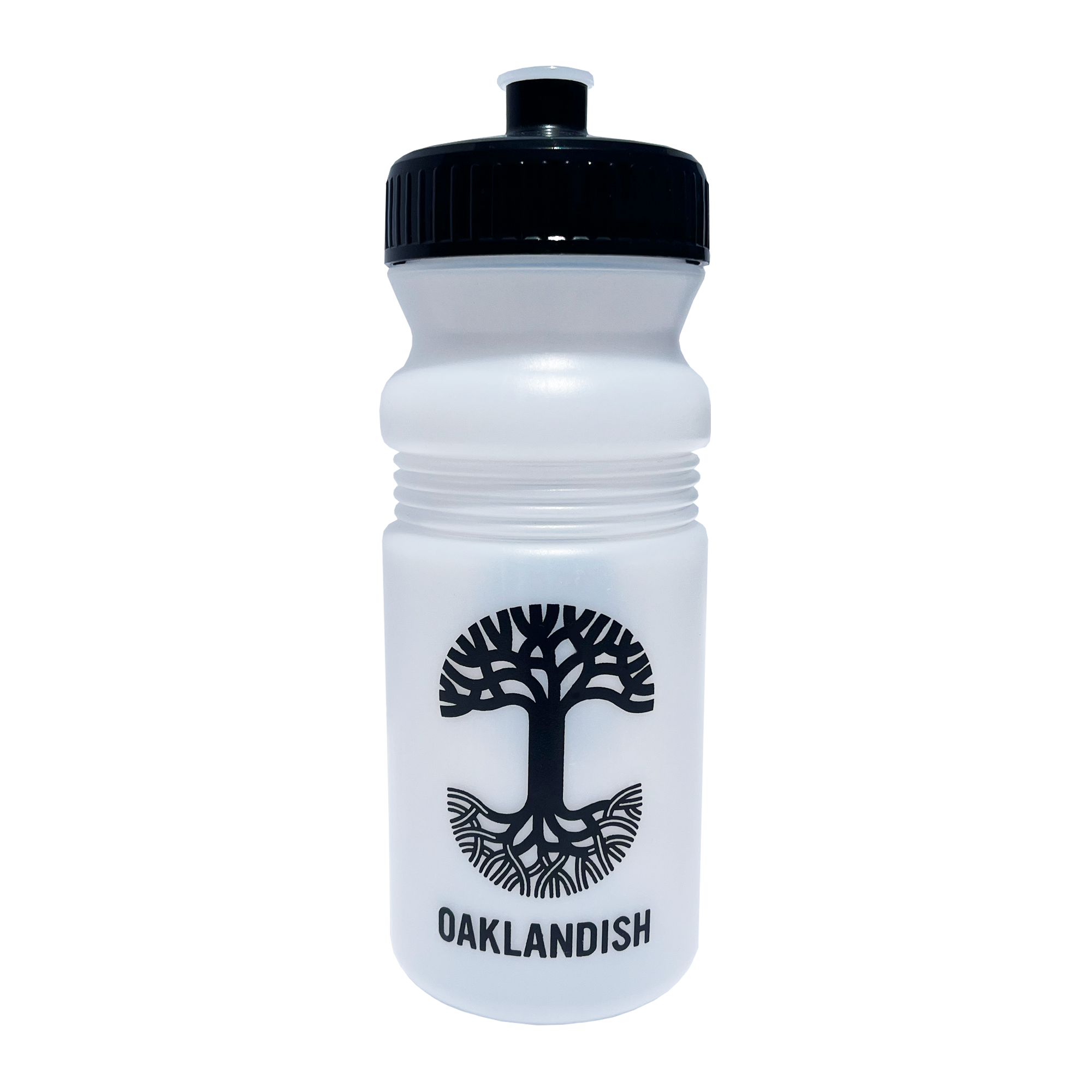 The Oaklandish Sports Bottle by Oaklandish is a BPA-free white sports water bottle with a black screw-on cap and spout. It features a black graphic of a tree with wide branches and roots on the front, along with the word "OAKLANDISH" printed below the design. This recyclable bottle combines functionality and eco-friendly appeal.