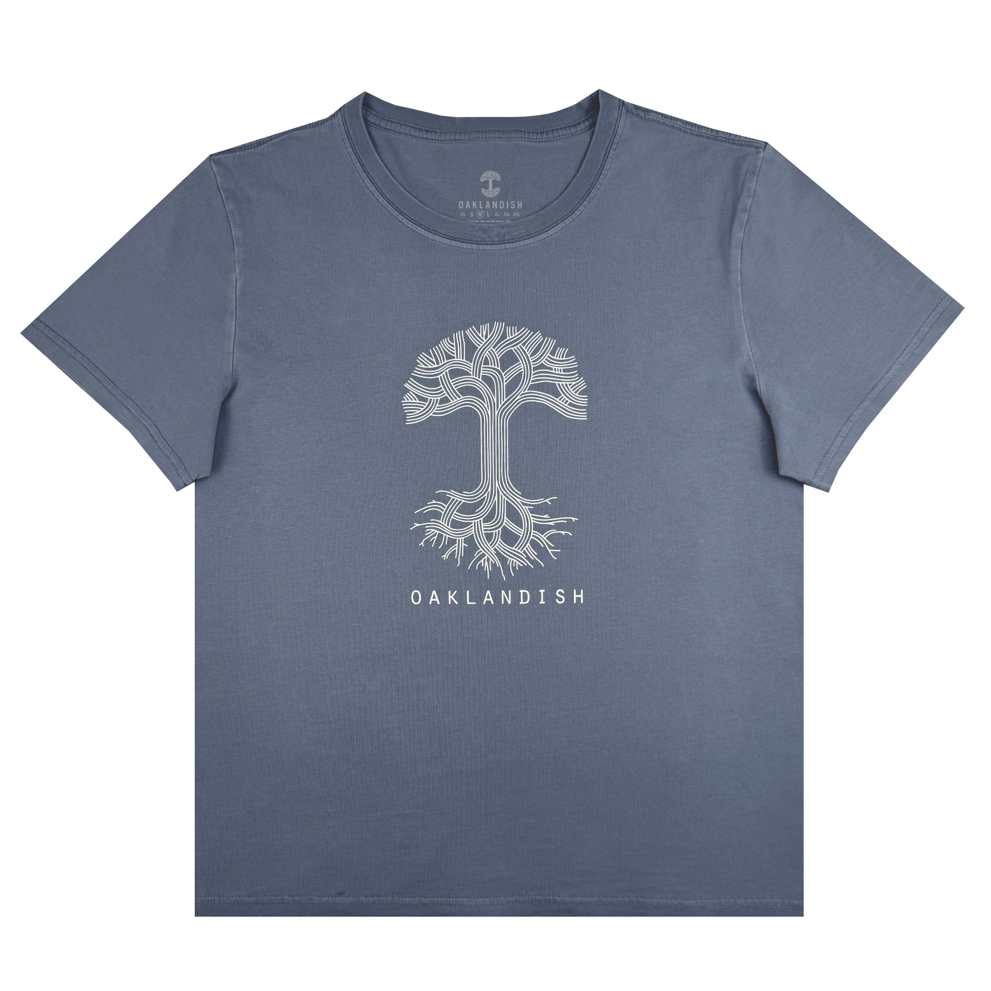 The Women's Oaklandish Classic Logo Tee by Oaklandish is a gray, classic fit T-shirt made from 100% cotton, featuring a white stylized tree design with symmetrical branches and roots, "OAKLANDISH" below it, along with a round neckline and short sleeves.