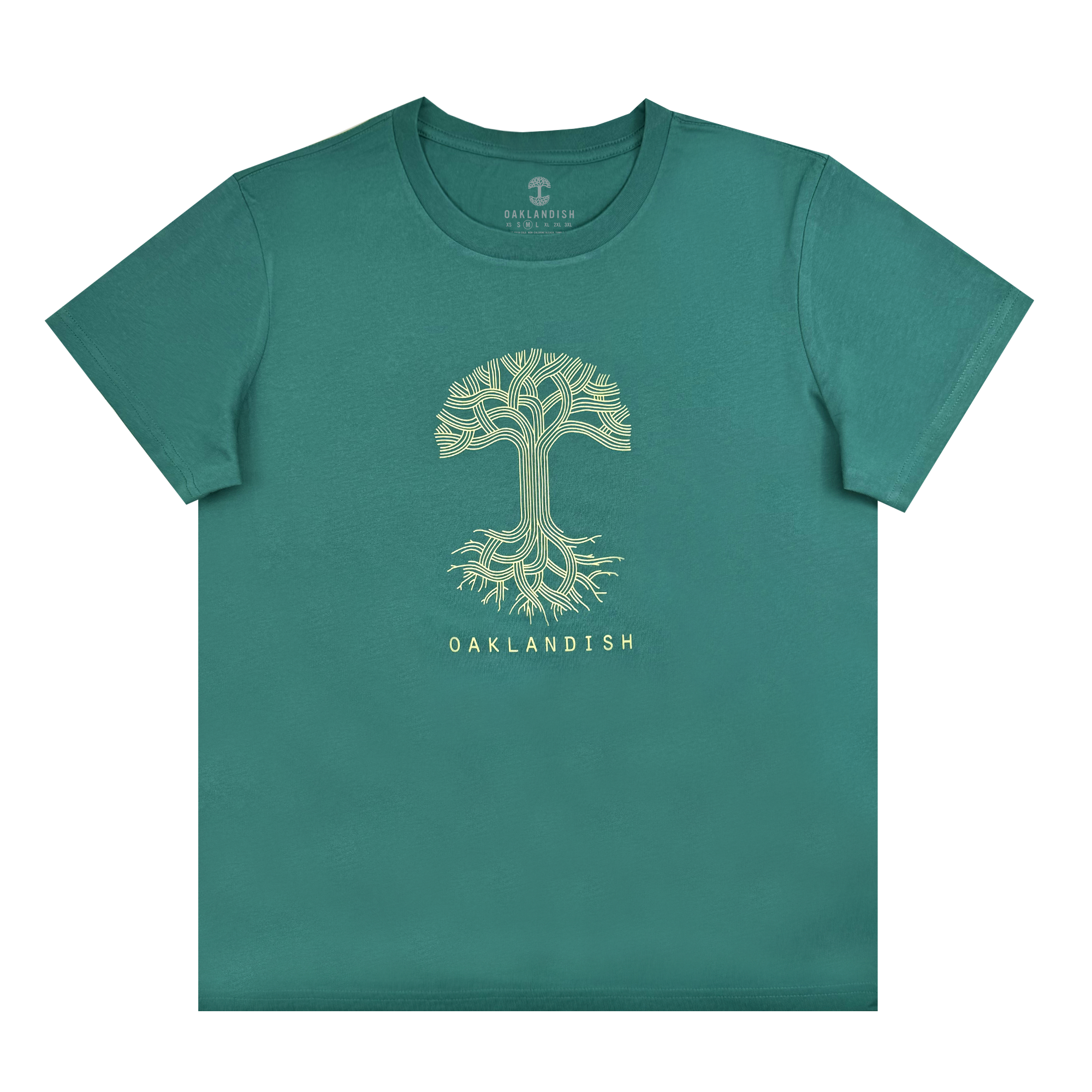 The Women's Oaklandish Classic Logo Tee by Oaklandish is a green, 100% cotton t-shirt featuring a stylized tree design with intricate pale yellow branches and the "OAKLANDISH" logo. It has a classic fit, round neckline, and short sleeves.