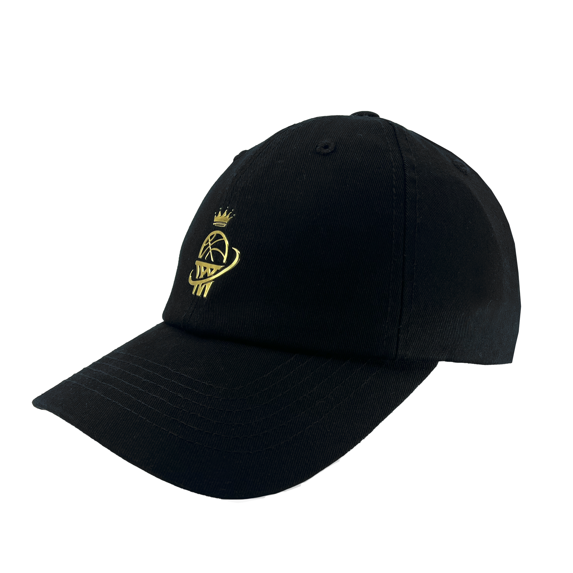 Side angled view of a black ball cap with gold WPBA logo on the front crown.