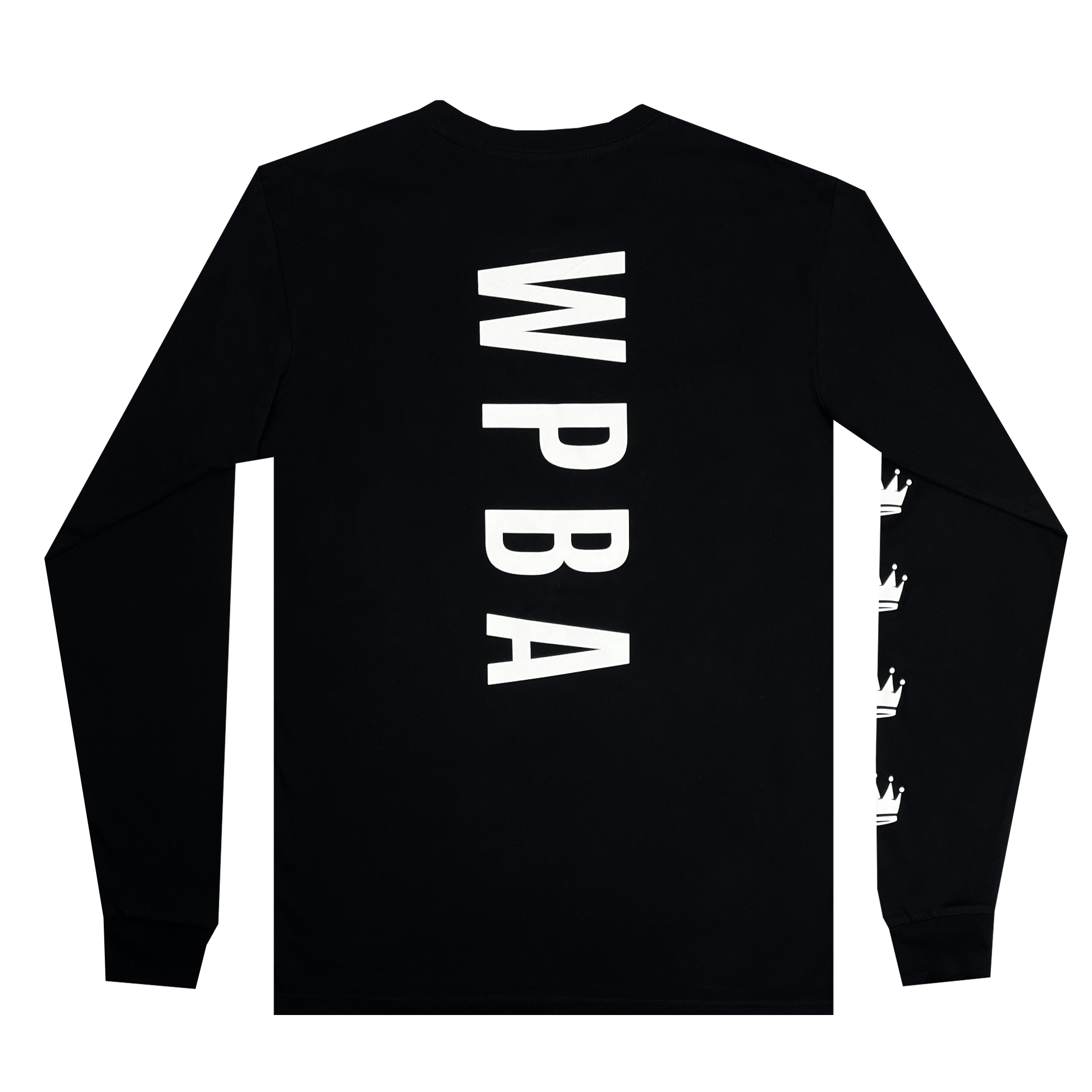 Back view of black WPBA long sleeve t-shirt with WPBA centered vertically.