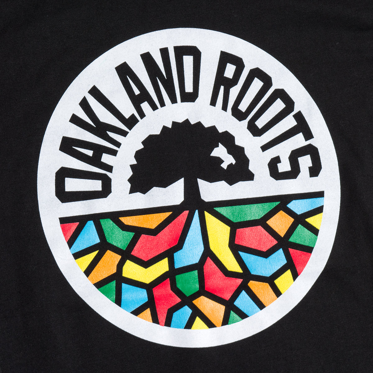 The Youth Oakland Roots SC Classic Tee from Oakland Roots SC showcases the text "OAKLAND ROOTS" in bold, uppercase letters arranged in a circular layout. Enclosed within the circle is a black oak tree silhouette, accented with a colorful mosaic pattern at the base featuring vibrant shades of red, yellow, green, and blue to symbolize the ground and roots. The backdrop is black, making this tee an ideal choice for young fans who embrace the Oaklandish style and support the Oakland Roots SC.