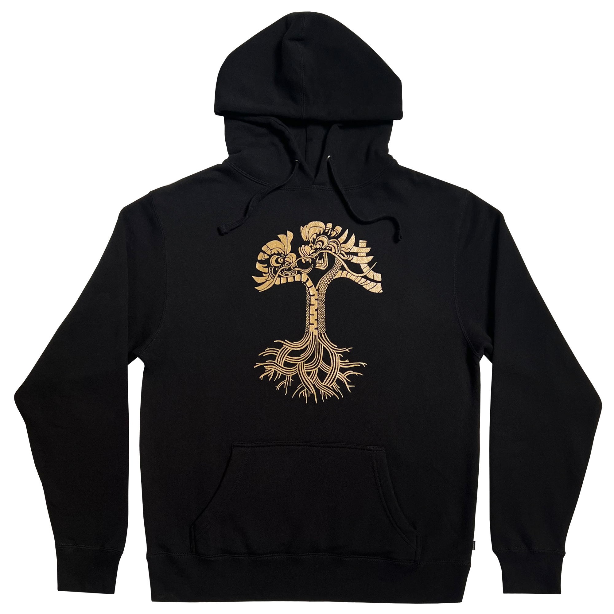 Black pullover hoodie  with metallic gold dragon power design in the shape of the Oaklandish tree logo.