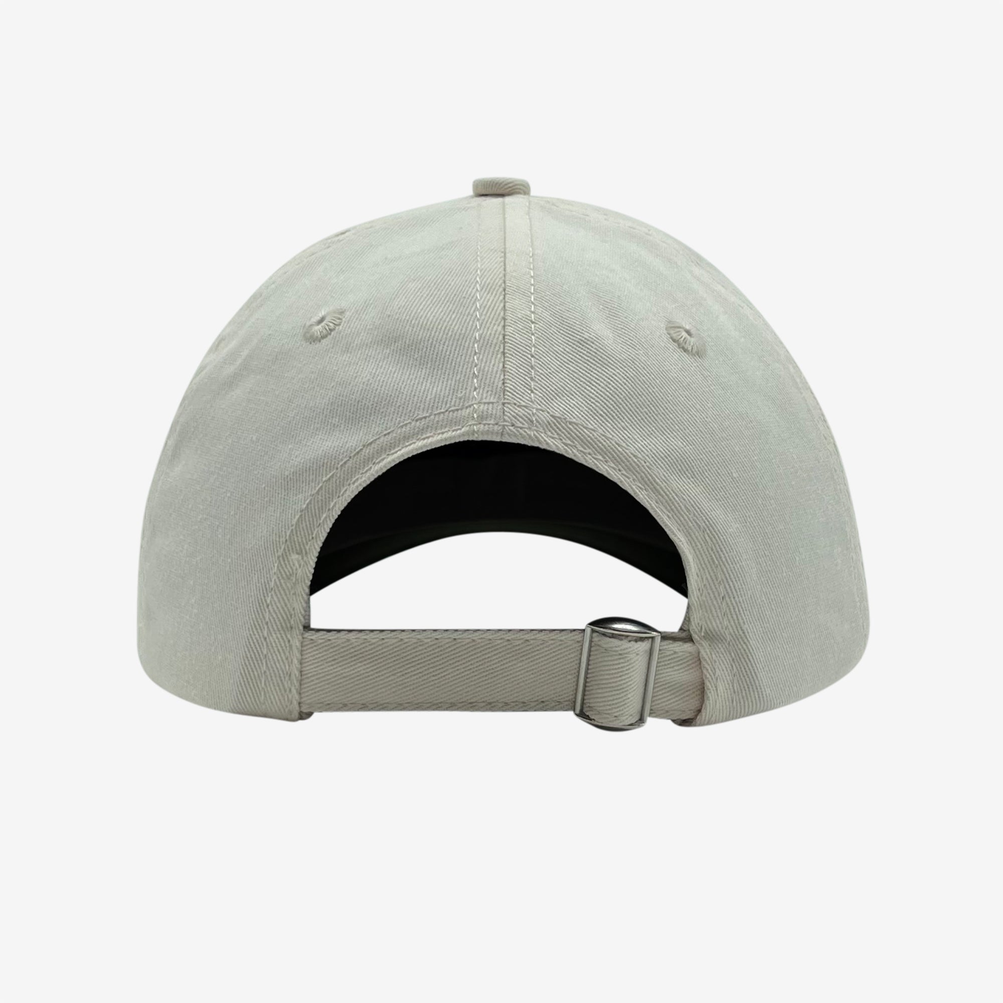 A light grey Hiero Logo Dad Hat by Hieroglyphics is shown from the back. The cap features an adjustable strap with a metal buckle, allowing for size customization. The fabric appears to be cotton with a slightly textured finish. The six-panel construction of the hat is visible, along with stitched eyelets for ventilation.