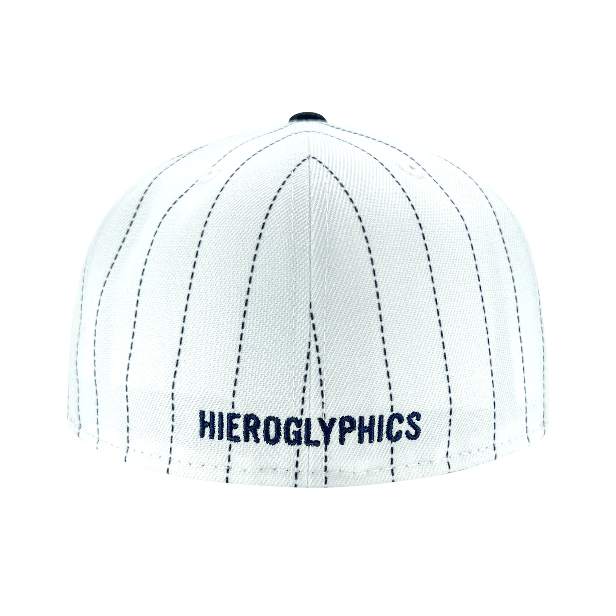 A New Era Hiero Pinstripe 59FIFTY Fitted Cap by Hieroglyphics, featuring a white design with vertical thin black stripes. The cap is showcased from the back, displaying "HIEROGLYPHICS" embroidered in black capital letters along the bottom seam—a signature style by New Era.