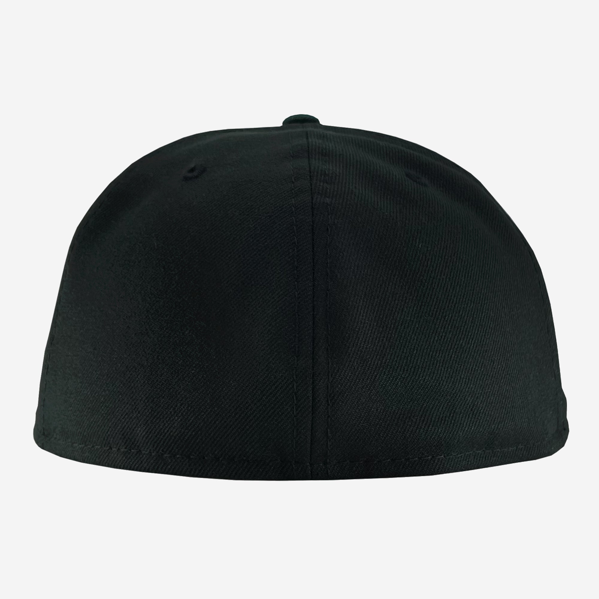 A plain, solid black New Era Official 59FIFTY Fitted Cap by Oaklandish viewed from the back. The cap has a smooth, unadorned surface with a central top button and two stitched ventilation eyelets on either side. The brim is not visible from this angle.