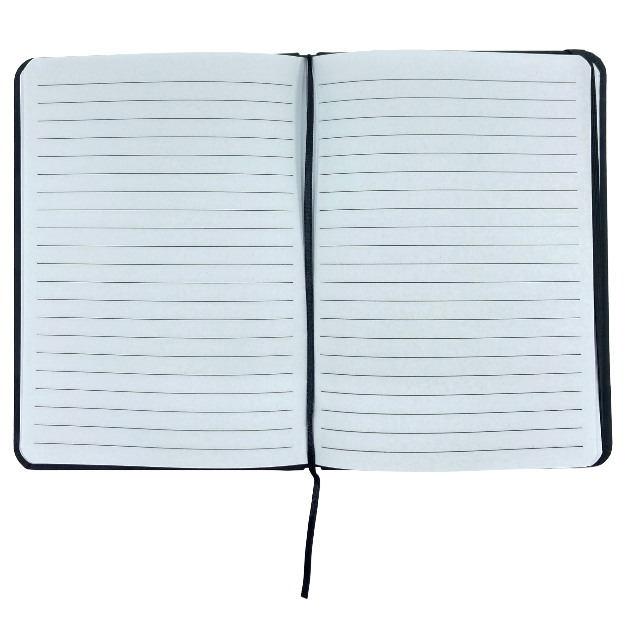 Image of an open Oaklandish Emblem Journal with blank, lined pages. The journal, from the brand Oaklandish, is bound with a black PVC cover and features a thin ribbon bookmark placed in the center. The pages have evenly spaced horizontal lines for writing. A subtle Oaklandish tree logo adorns the cover. The background is plain white, effectively highlighting the journal.