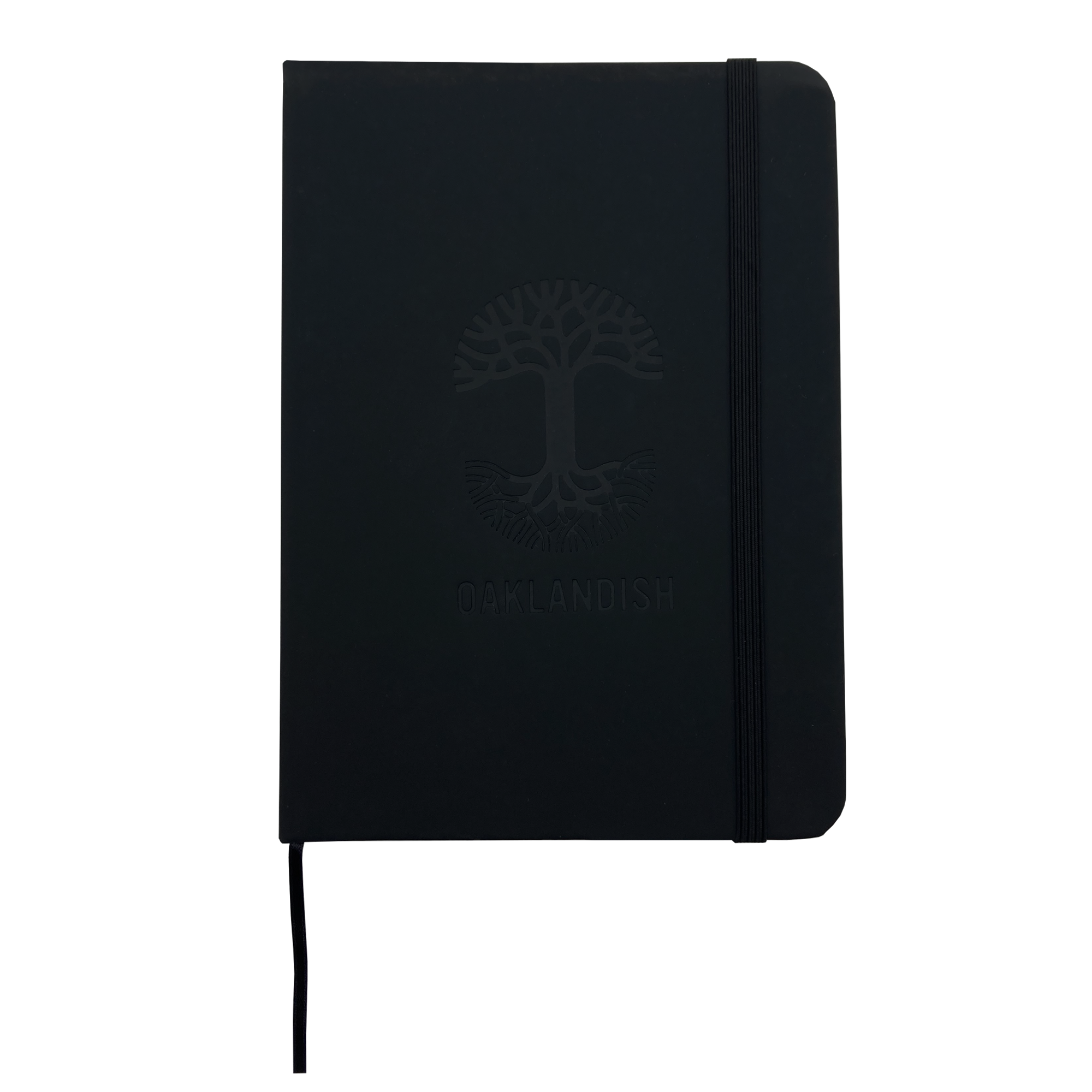 The "Oaklandish Emblem Journal" by Oaklandish is on display. This black notebook features a sleek PVC cover and an elastic band for closure. The front cover is embossed with the intricate Oaklandish tree logo above the word "OAKLANDISH" in all capital letters. The notebook also features rounded corners and a minimalist design.